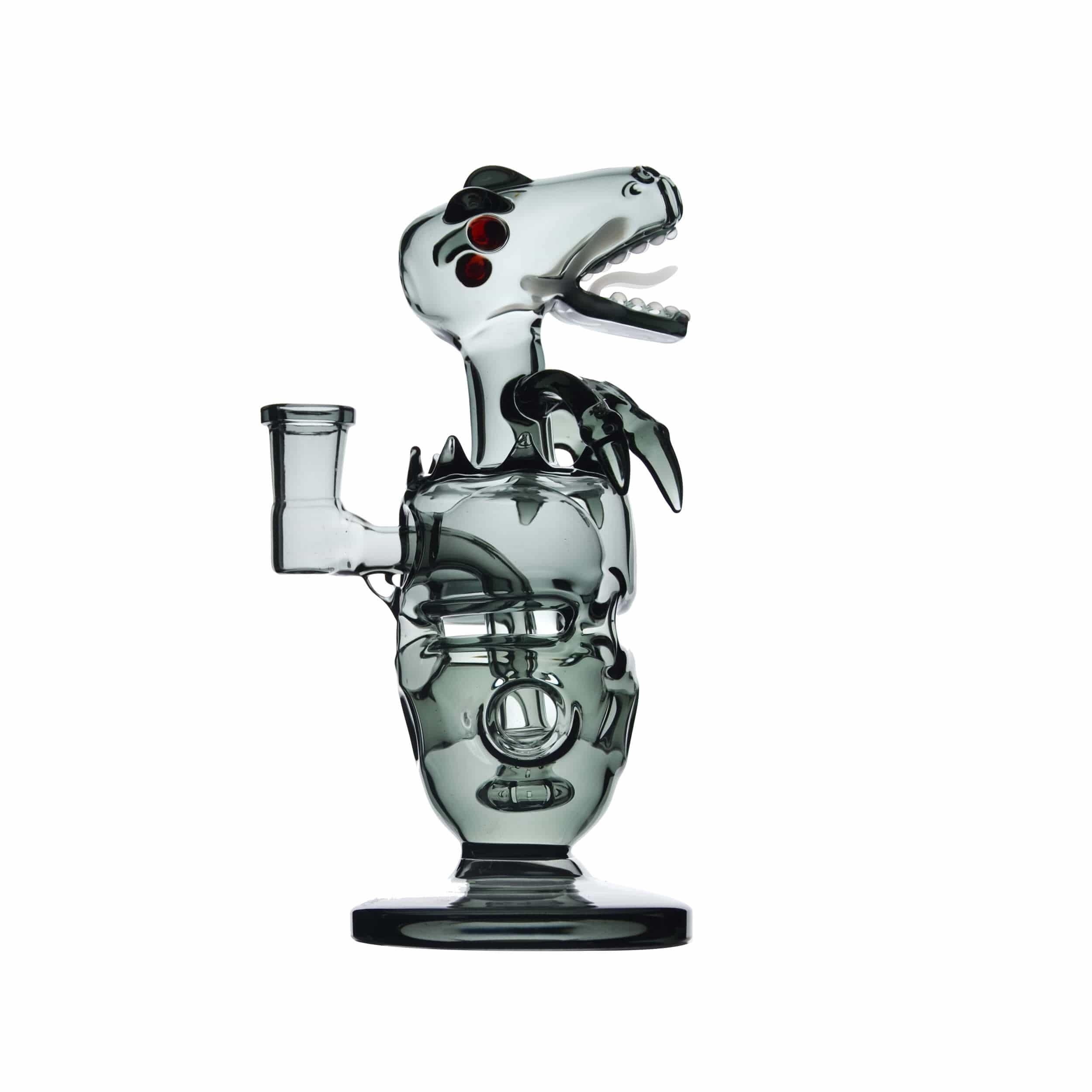 Front view of the FAB DINO, a uniquely shaped glass piece with a dinosaur head design.