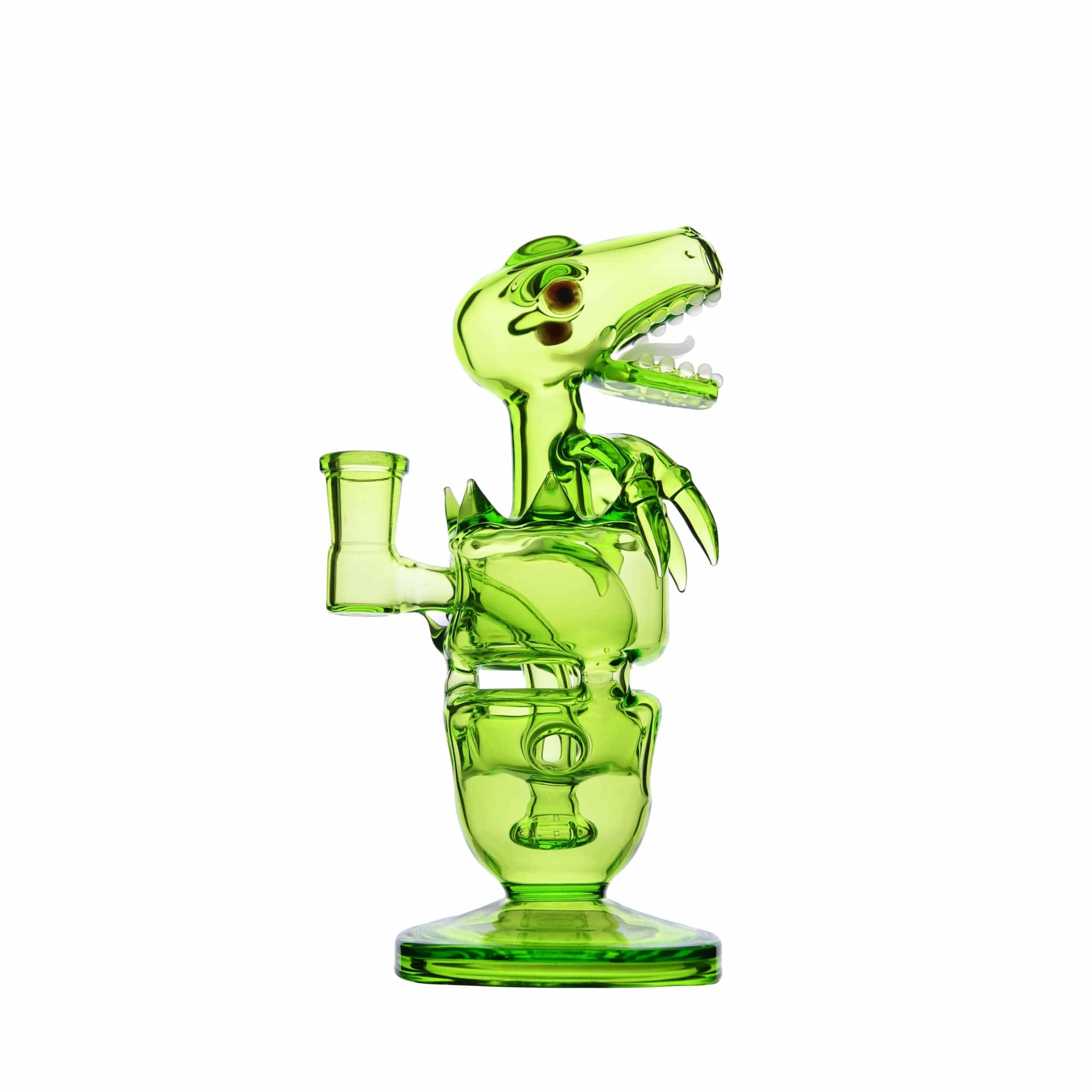 Front view of the FAB DINO, a green glass sculpture resembling a dinosaur with a rounded base and smooth curves.