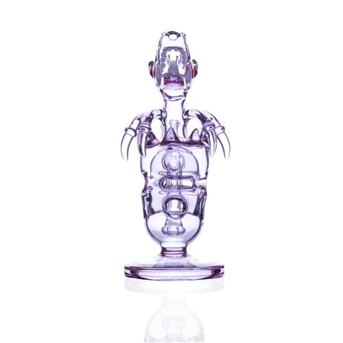 FAB DINO, a studio shot of a clear glass water pipe with a unique, dinosaur-like shape and angled neck.