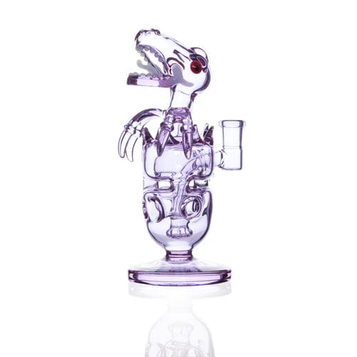Front view of the FAB DINO, a clear glass piece with a dinosaur-shaped design and a wide base.