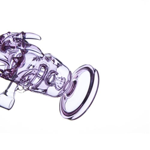 A side view of the FAB DINO, a clear glass piece with a curved neck and smooth, rounded shape.