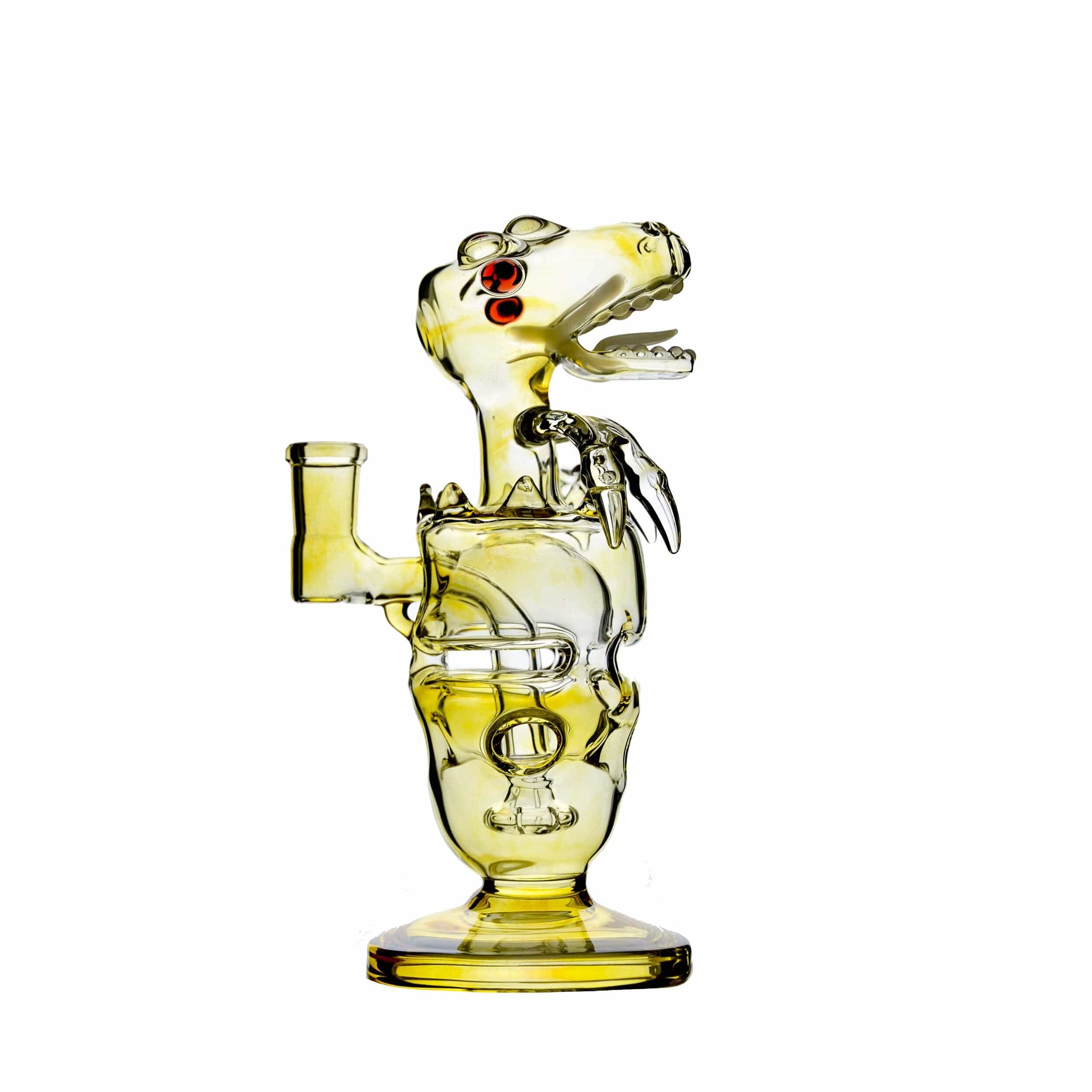 Front view of the FAB DINO, a clear glass bong with a dinosaur-shaped design and intricate detailing.