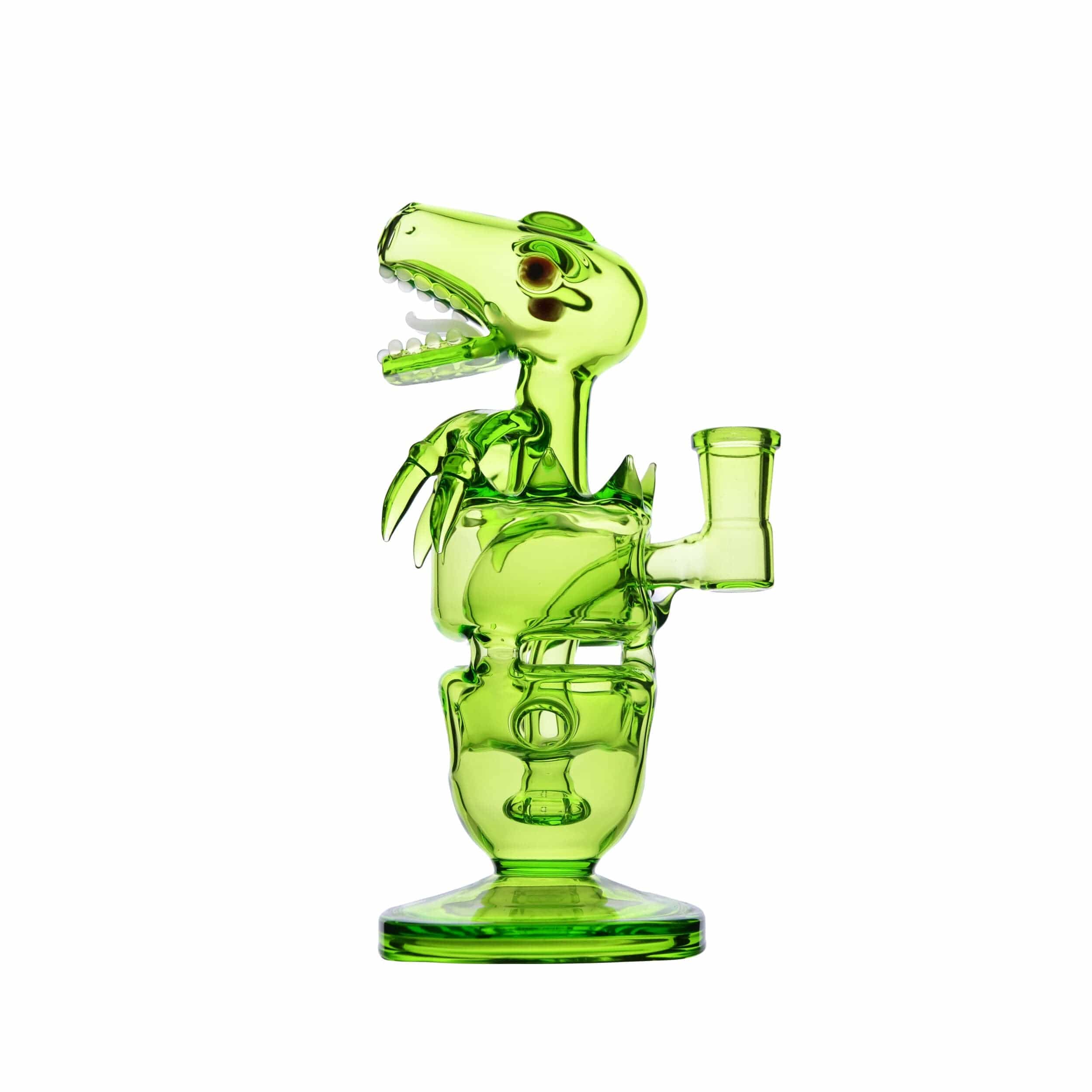 A studio shot of the FAB DINO, a green glass piece with a unique, sculptural form presented against a plain white background.