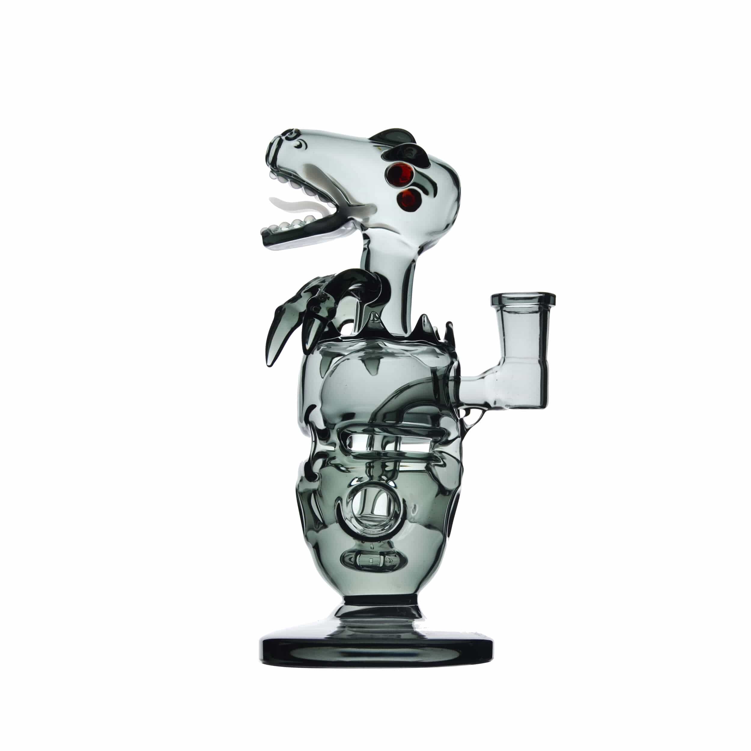 Front view of the FAB DINO, a clear glass water pipe resembling a dinosaur with a rounded base and curved neck.