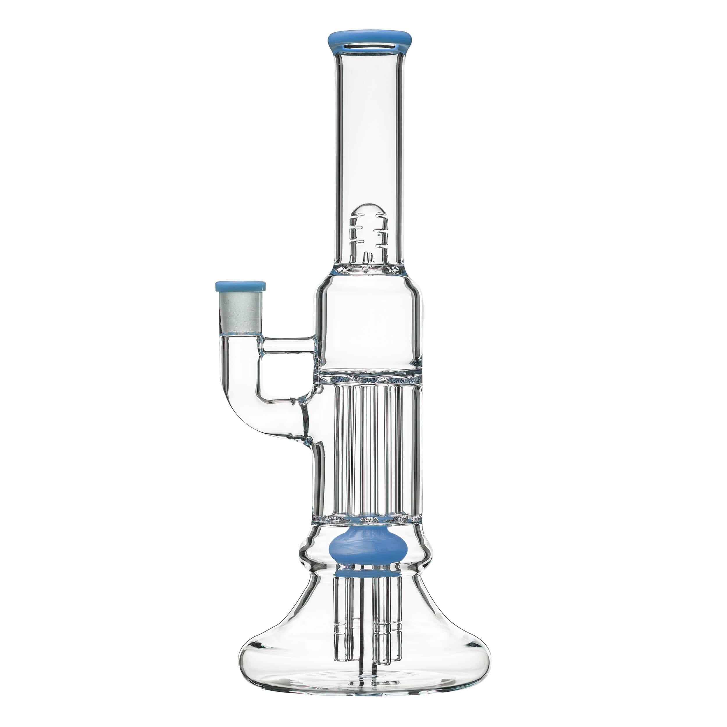 Front view of the BEAKER PILLAR BONG W/ GILDED PERC, showcasing a clear glass piece with a multi-arm perc diffuser.