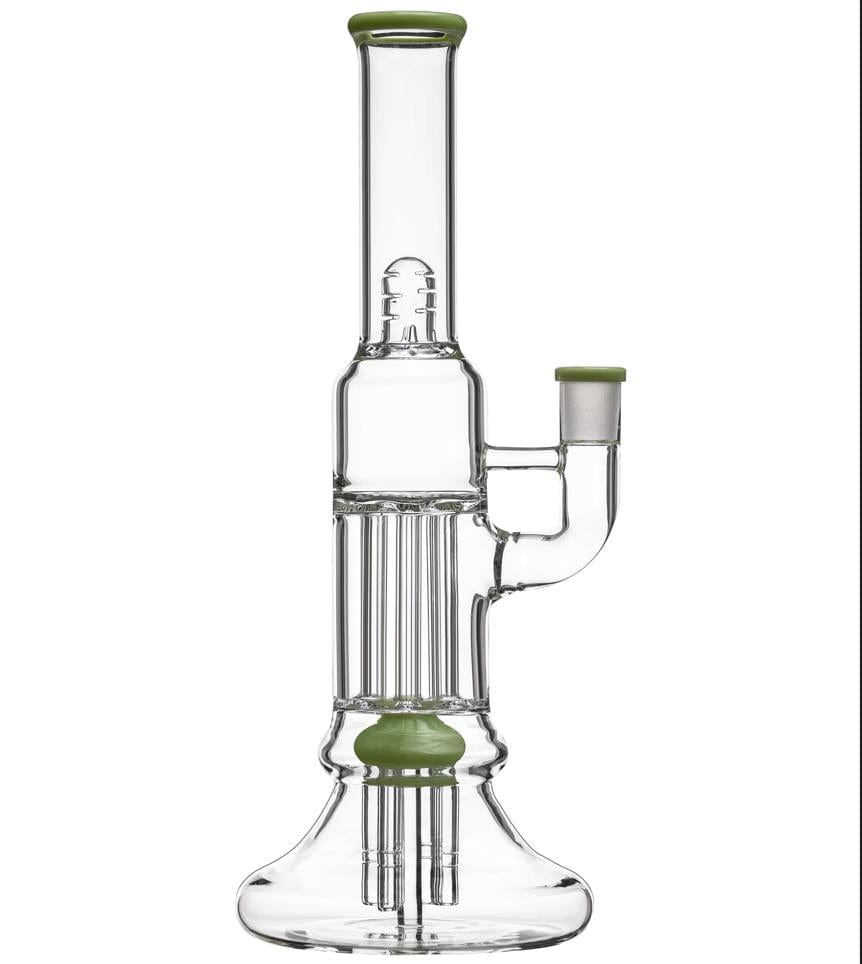 Front view of the BEAKER PILLAR BONG W/ GILDED PERC, a clear glass bong with a wide base and multiple percolators visible through the glass.