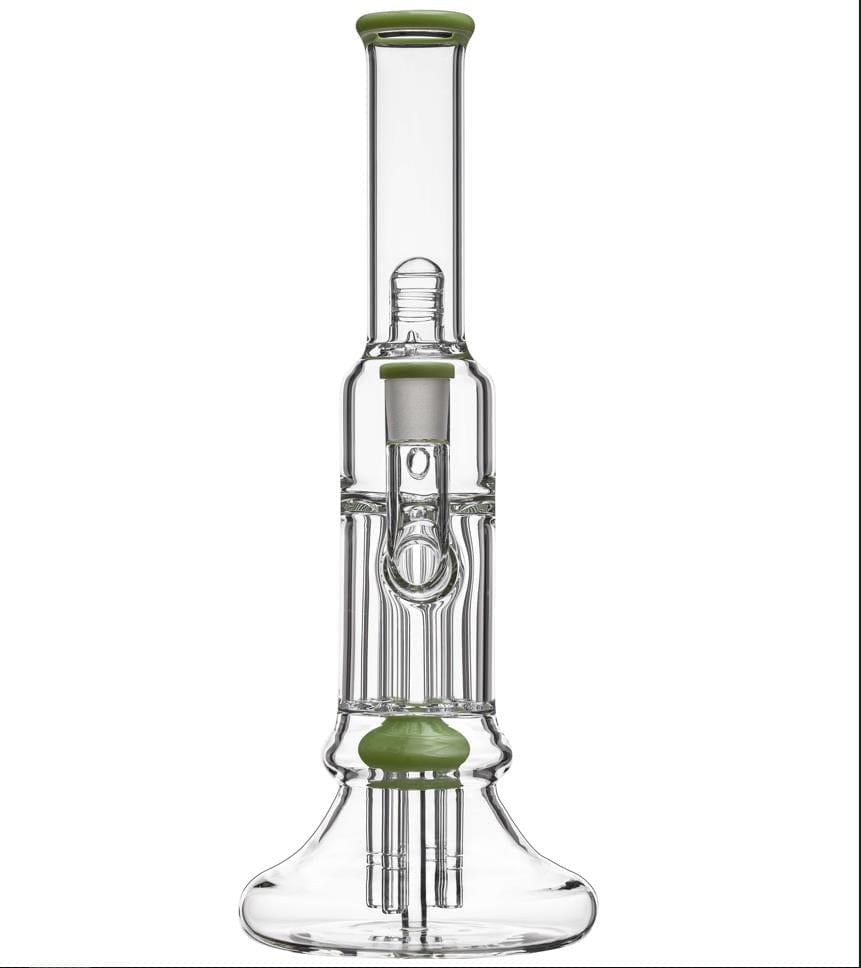 Front view of the BEAKER PILLAR BONG W/ GILDED PERC, showcasing its clear glass construction and intricate perc arrangement.