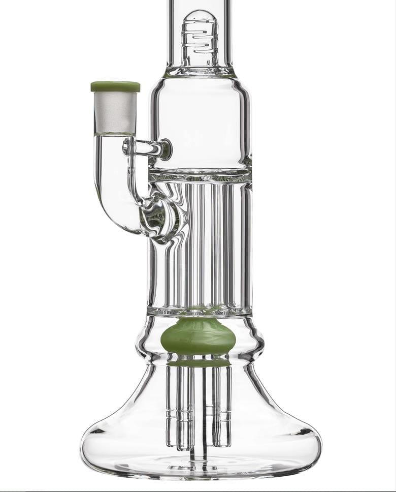 Front view of the BEAKER PILLAR BONG W/ GILDED PERC, showcasing its clear glass construction and multiple percs within the beaker base.