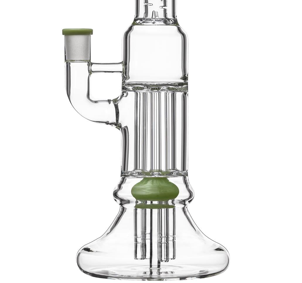 Front view of the BEAKER PILLAR BONG W/ GILDED PERC, showing a clear glass bong with a multi-arm percolator.