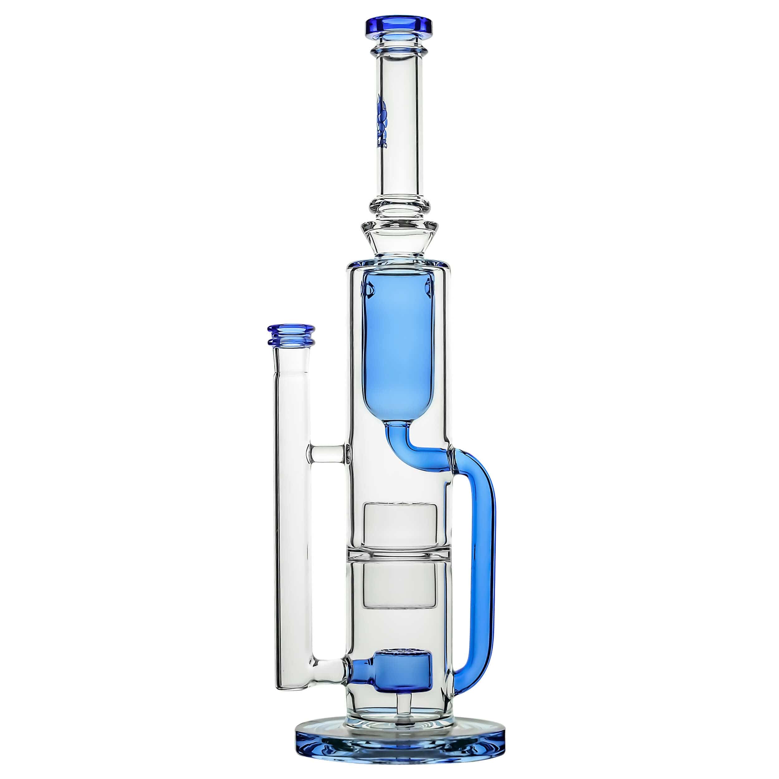 A front view of the FLOWER KLEIN BONG, featuring a clear glass construction with blue accents and a uniquely shaped body.