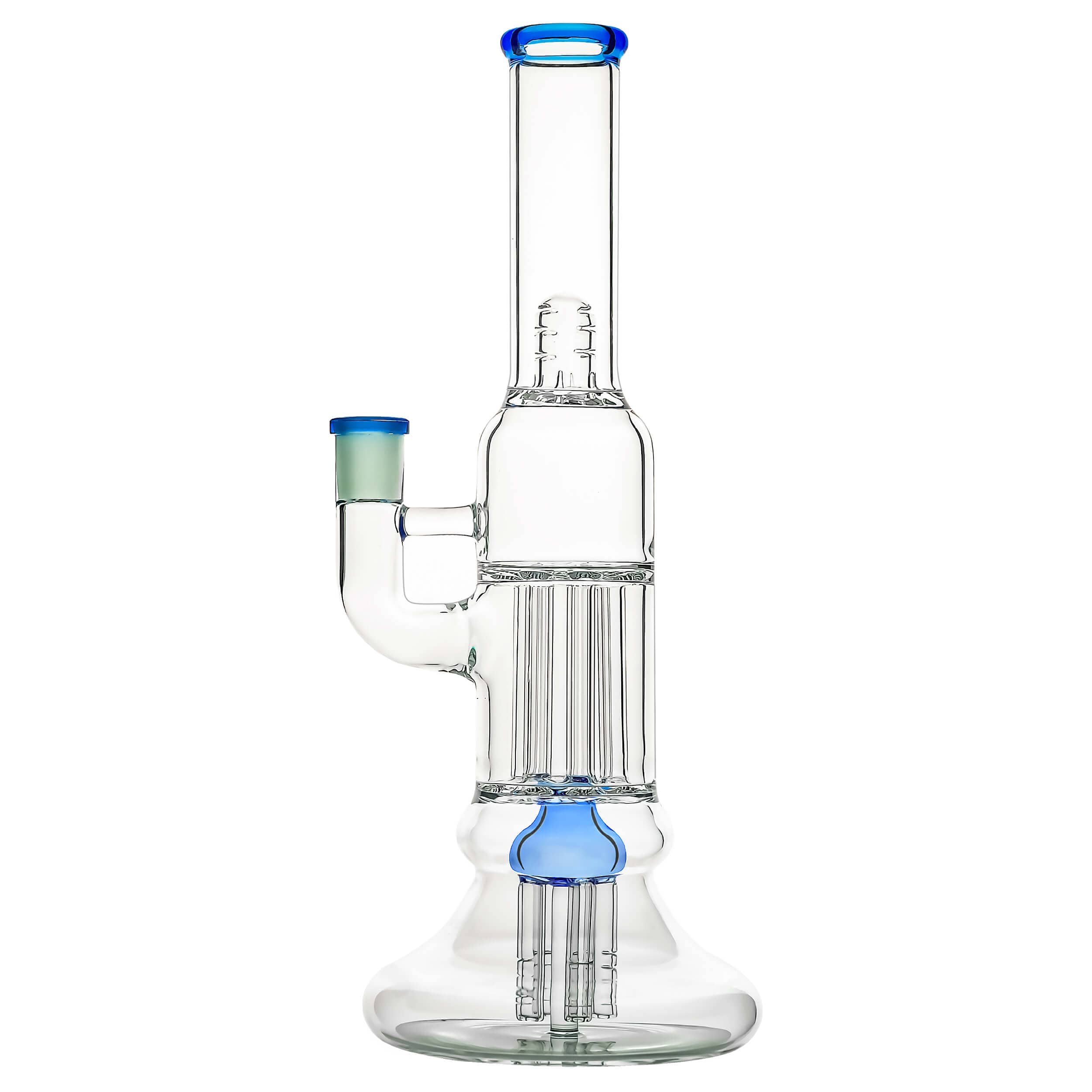 A front view of the BEAKER PILLAR BONG W/ GILDED PERC, showing a clear glass pillar bong with multiple percolators.