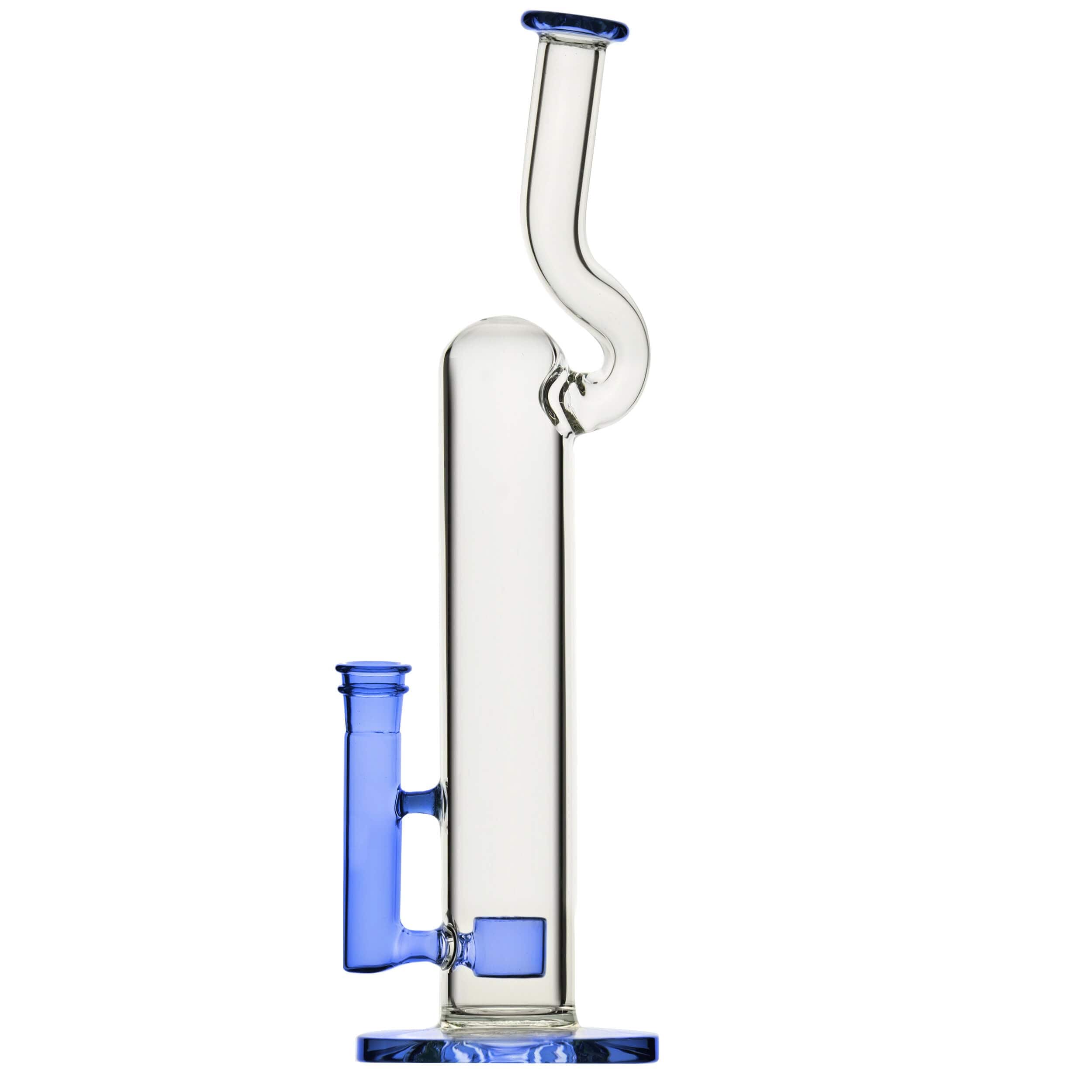 Front view of the NATTY BONG, a clear glass piece with blue accents and a simple, vertical design.