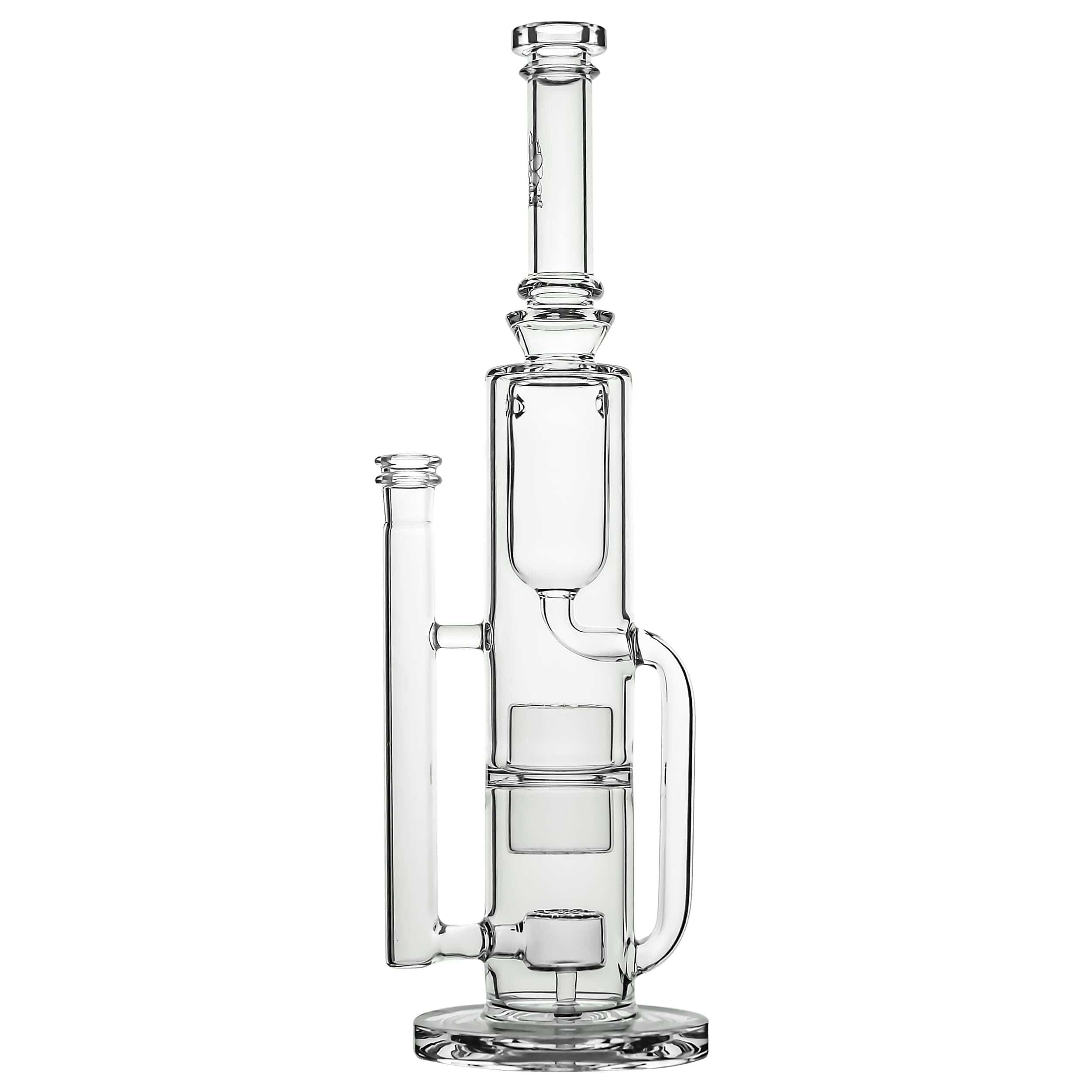 Front view of the FLOWER KLEIN BONG, a clear glass water pipe with a unique, multi-chamber design.