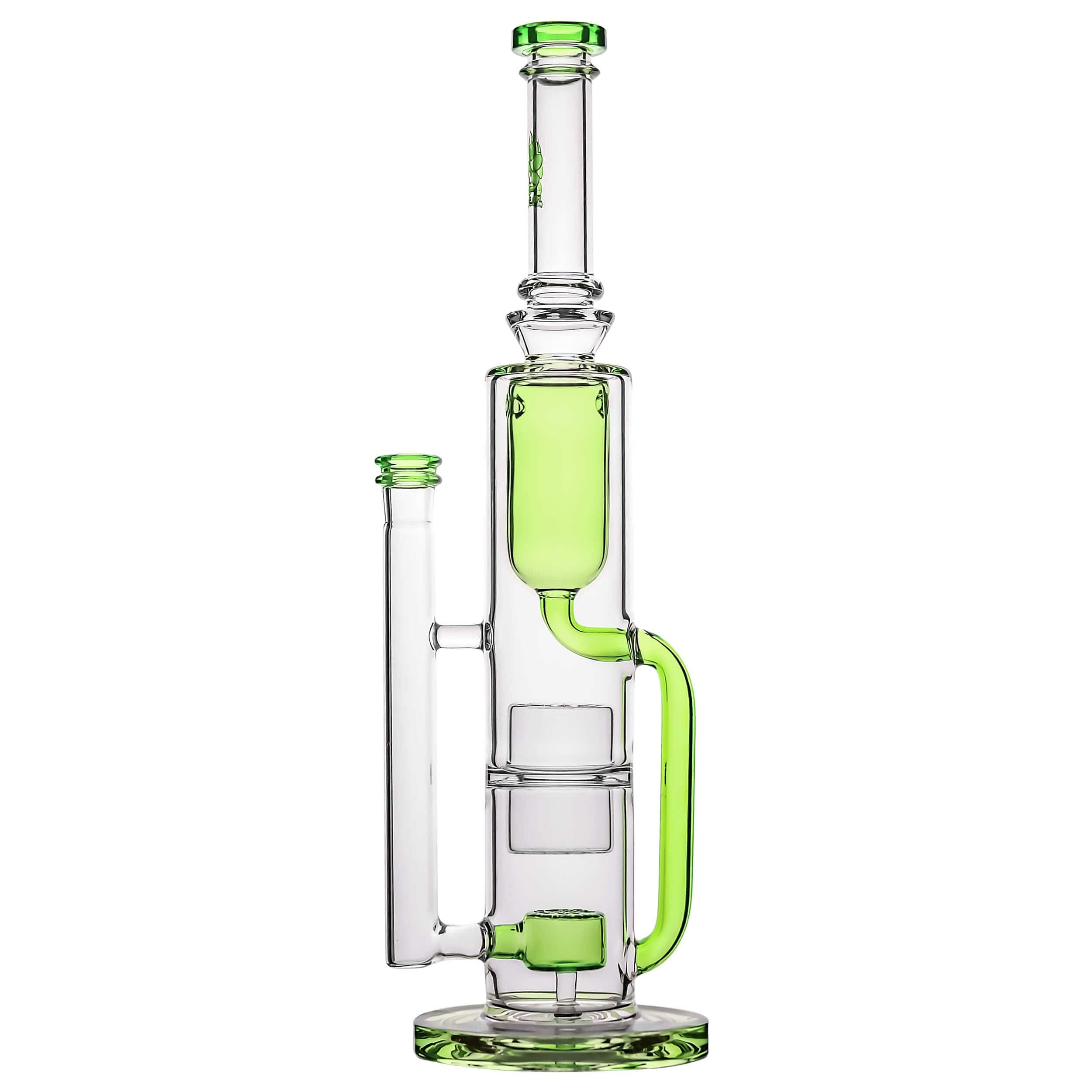 Front view of the FLOWER KLEIN BONG, a clear glass water pipe with a simple, cylindrical shape and flared mouthpiece.