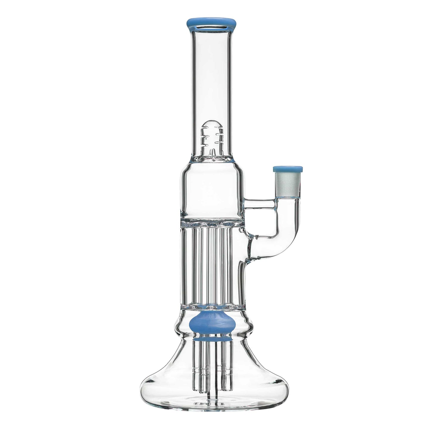 Front view of the BEAKER PILLAR BONG W/ GILDED PERC, showing a clear glass bong with multiple percolators and a gilded accent.