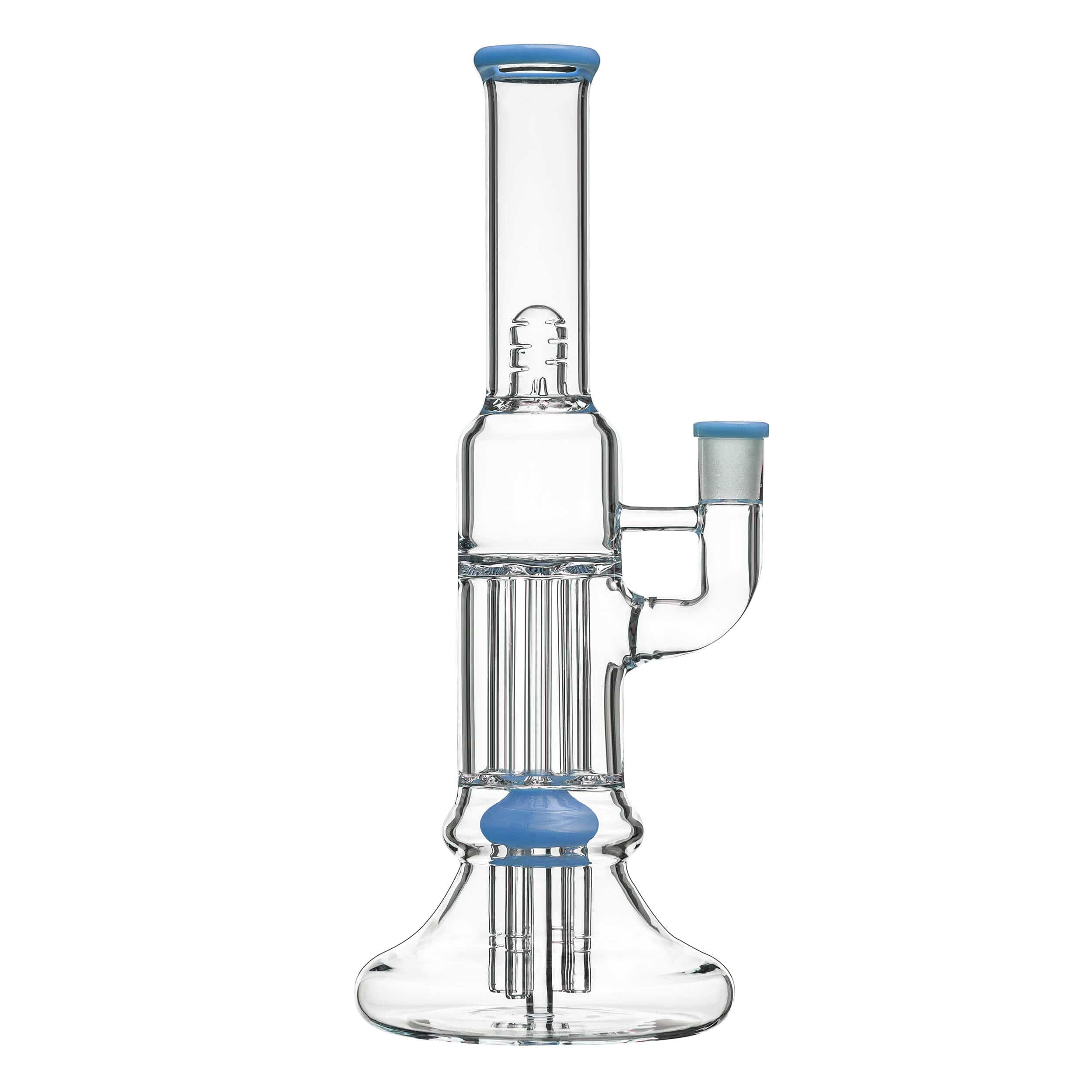 Front view of the BEAKER PILLAR BONG W/ GILDED PERC, showing a clear glass bong with multiple percolators and a gilded accent.