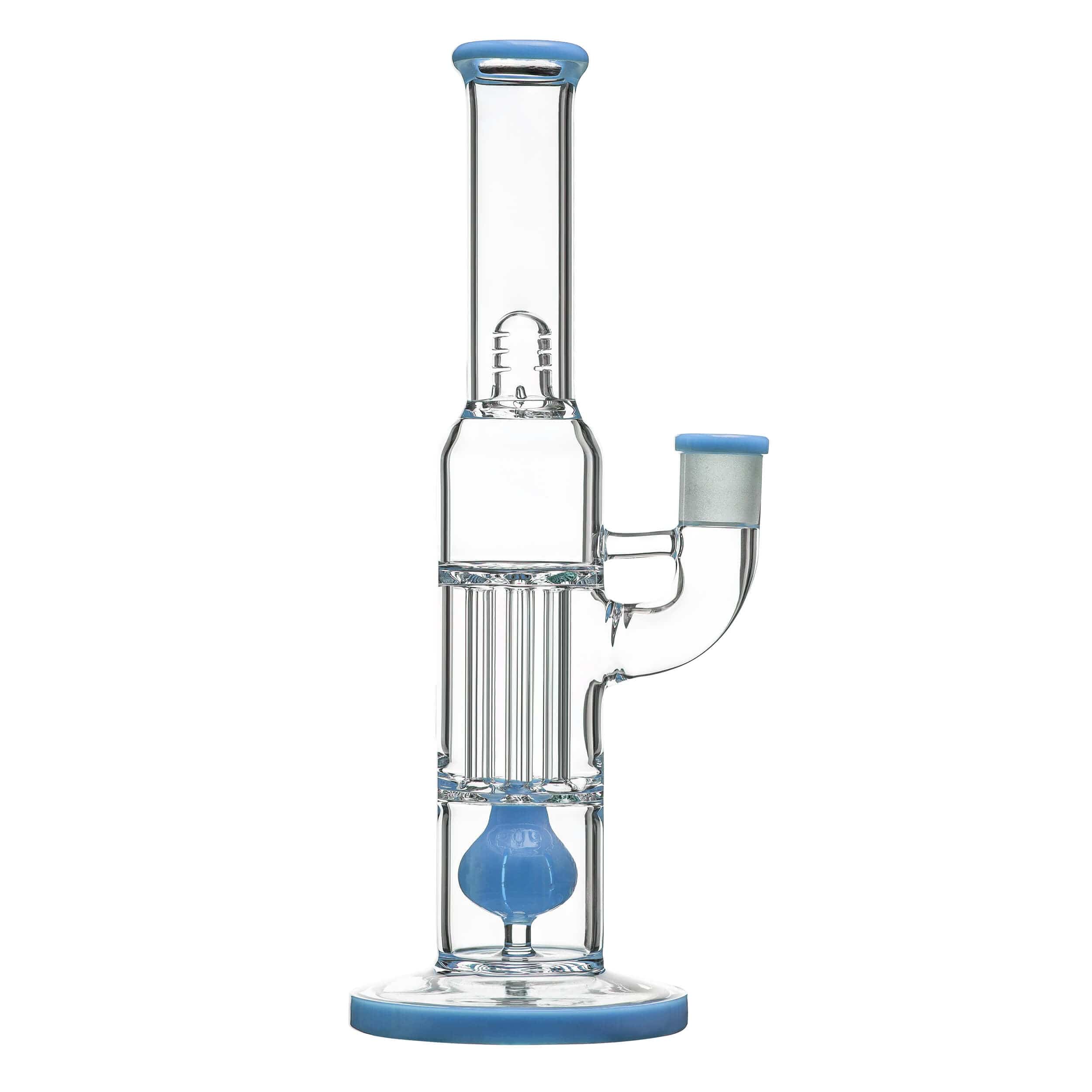 Front view of the PILLAR BONG W/ GILDED PERC, showcasing its clear glass construction and intricate gilded perc visible within the chamber.