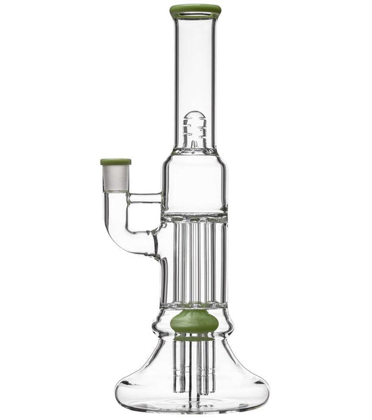 Front view of the BEAKER PILLAR BONG W/ GILDED PERC, a clear glass piece with a central pillar and gilded accents visible through the water chamber.