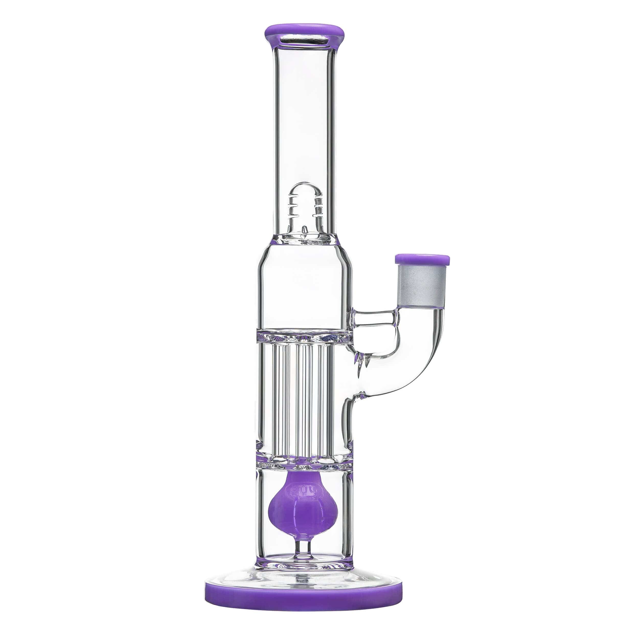 Front view of the PILLAR BONG W/ GILDED PERC, showcasing the clear glass construction and intricate internal perc diffuser.