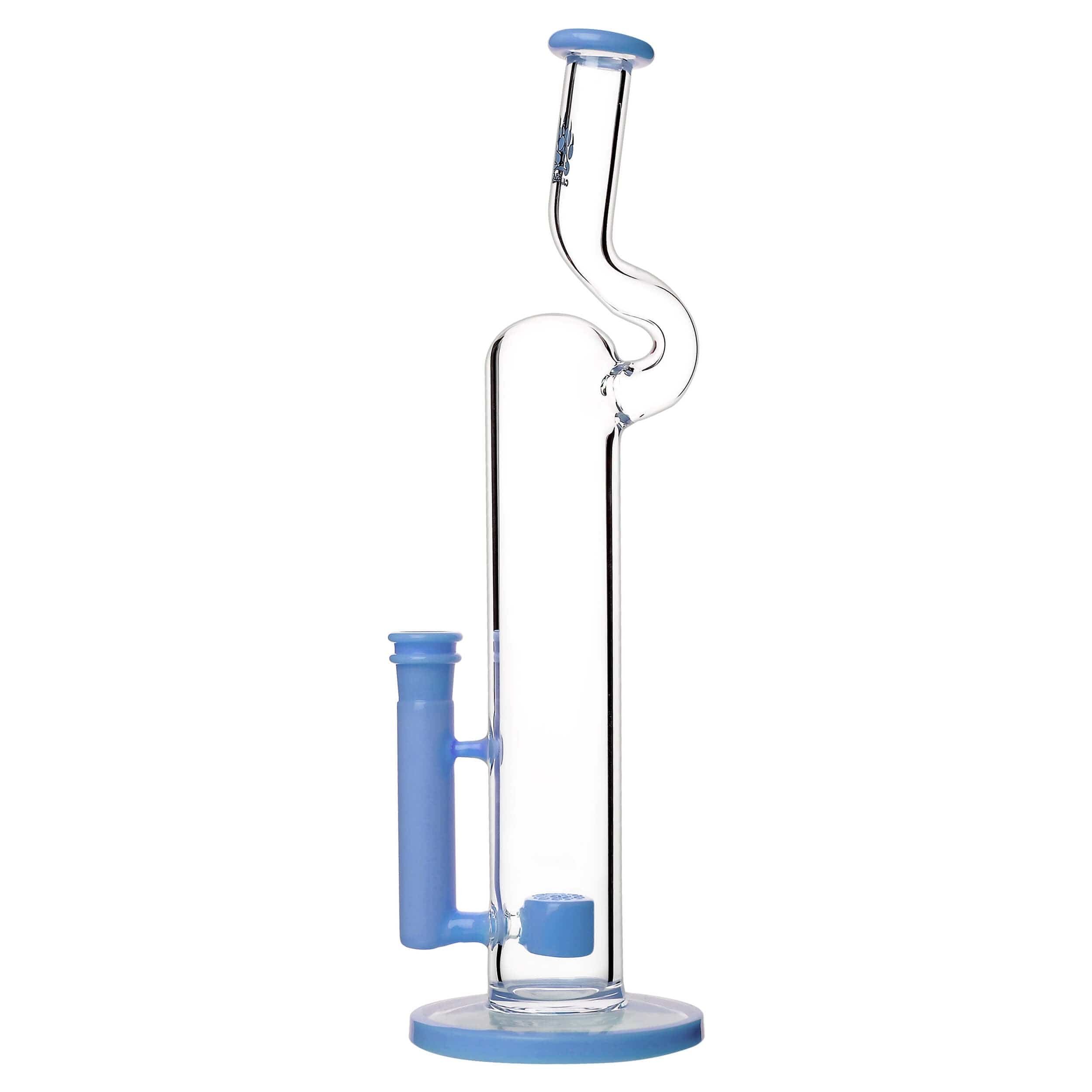 A front view of the NATTY BONG, a clear glass piece with a blue accent on the base and neck.