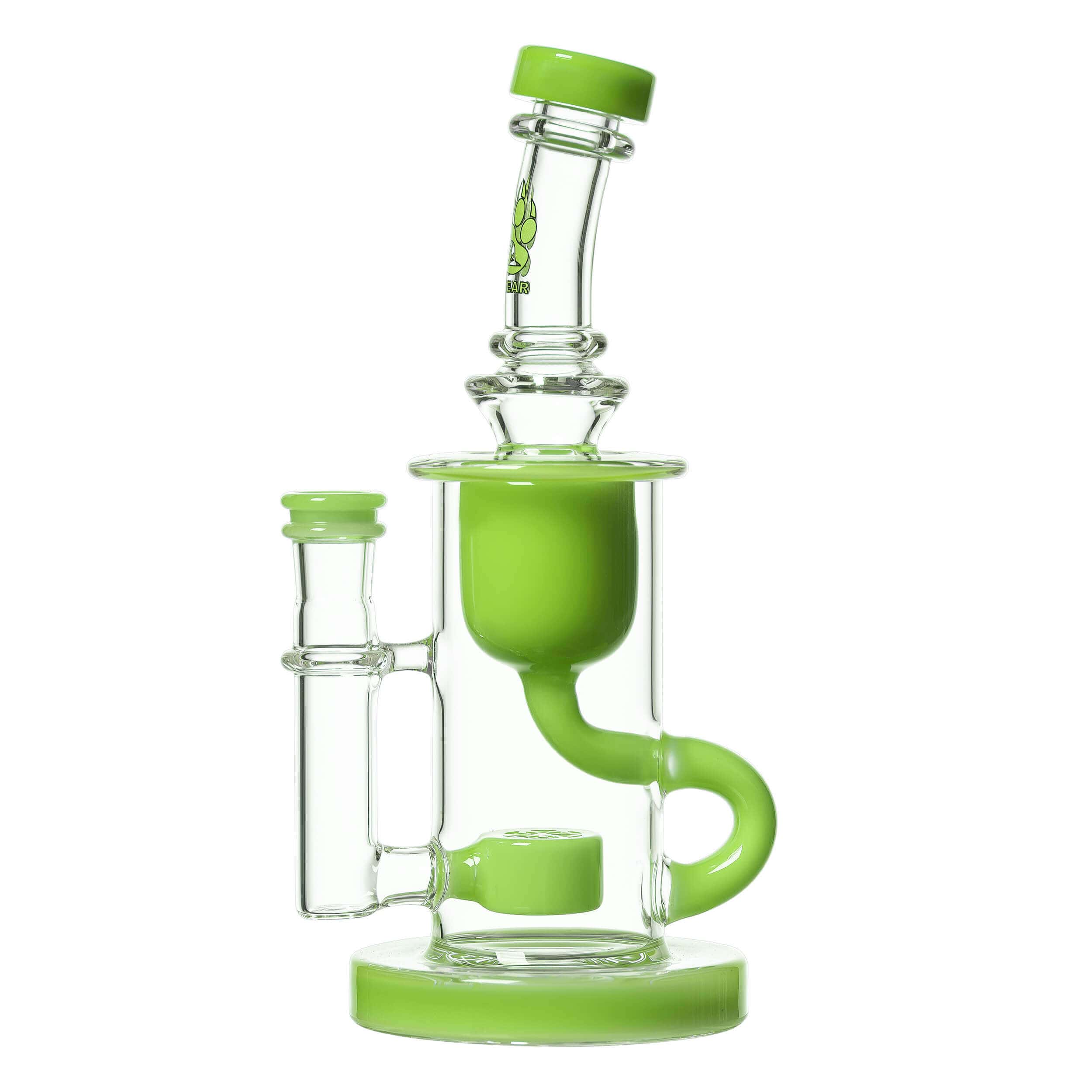A three-quarter view of the KLEIN RECYCLER, showcasing its clear glass construction and intricate bubbler design.