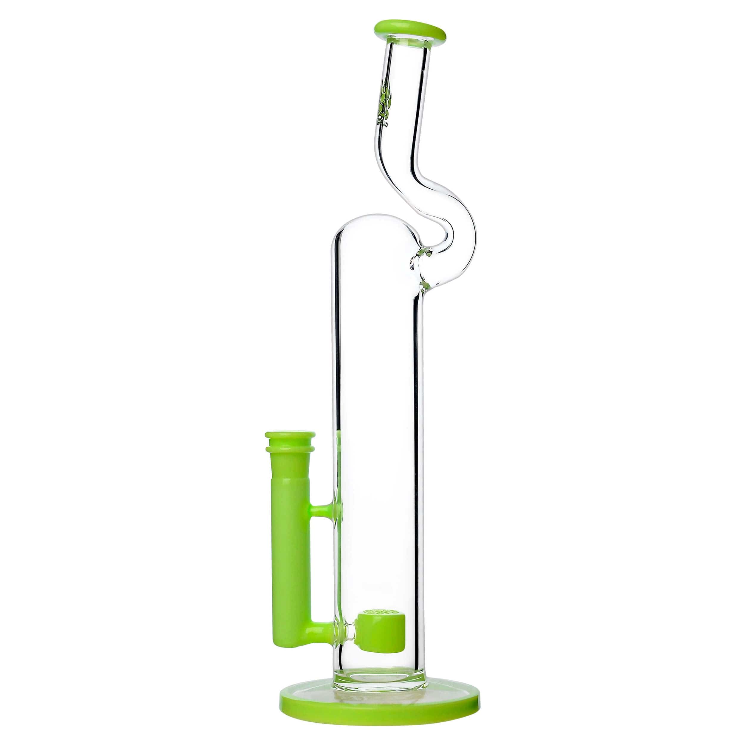 Front view of the NATTY BONG, a clear glass water pipe with a green accent and simple cylindrical shape.
