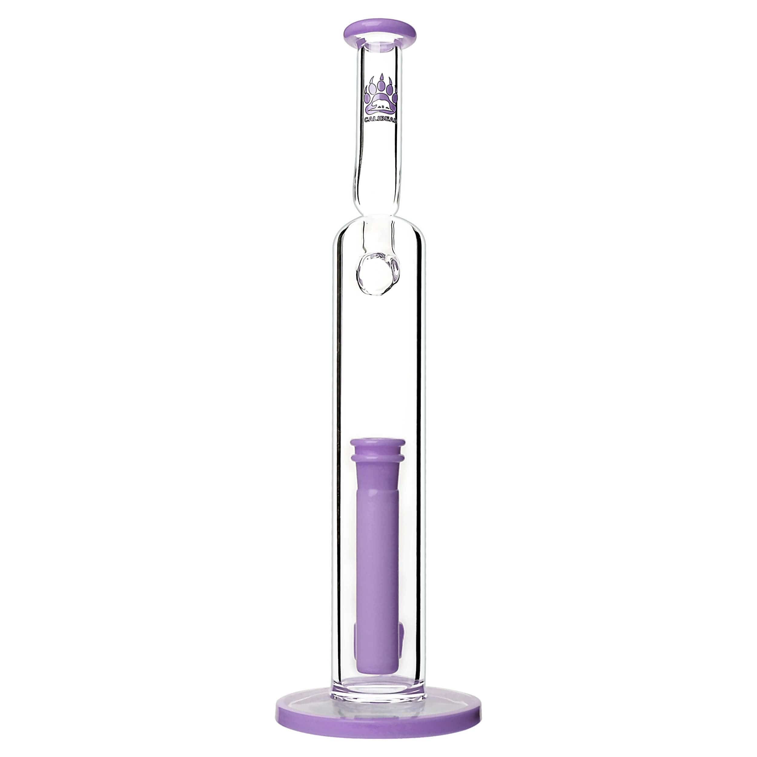 A straight-on view of the NATTY BONG with a clear glass body and a purple accent on the base and mouthpiece.