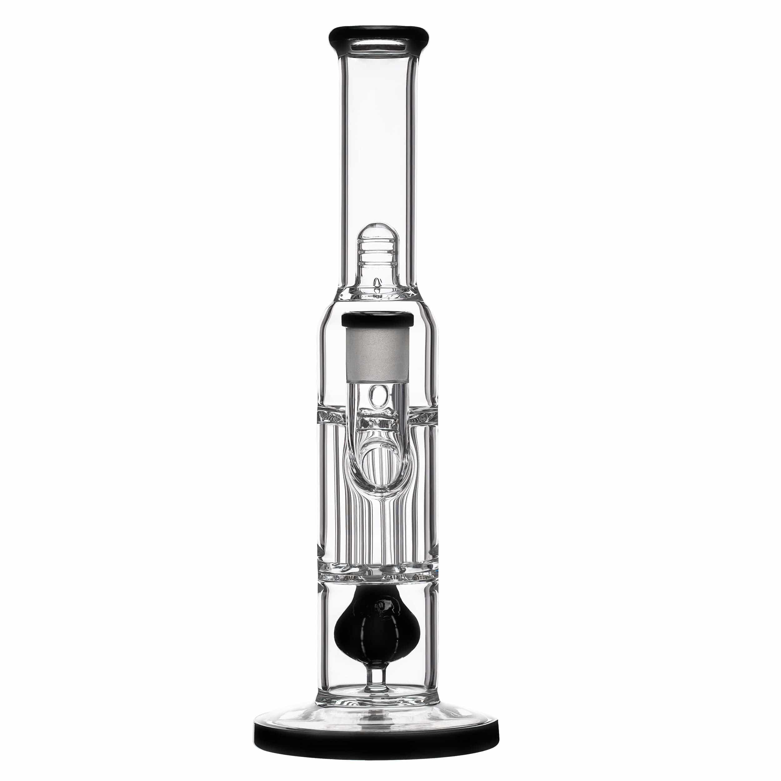 Front view of the PILLAR BONG W/ GILDED PERC, showcasing a clear glass tube with a gilded percolator visible inside.