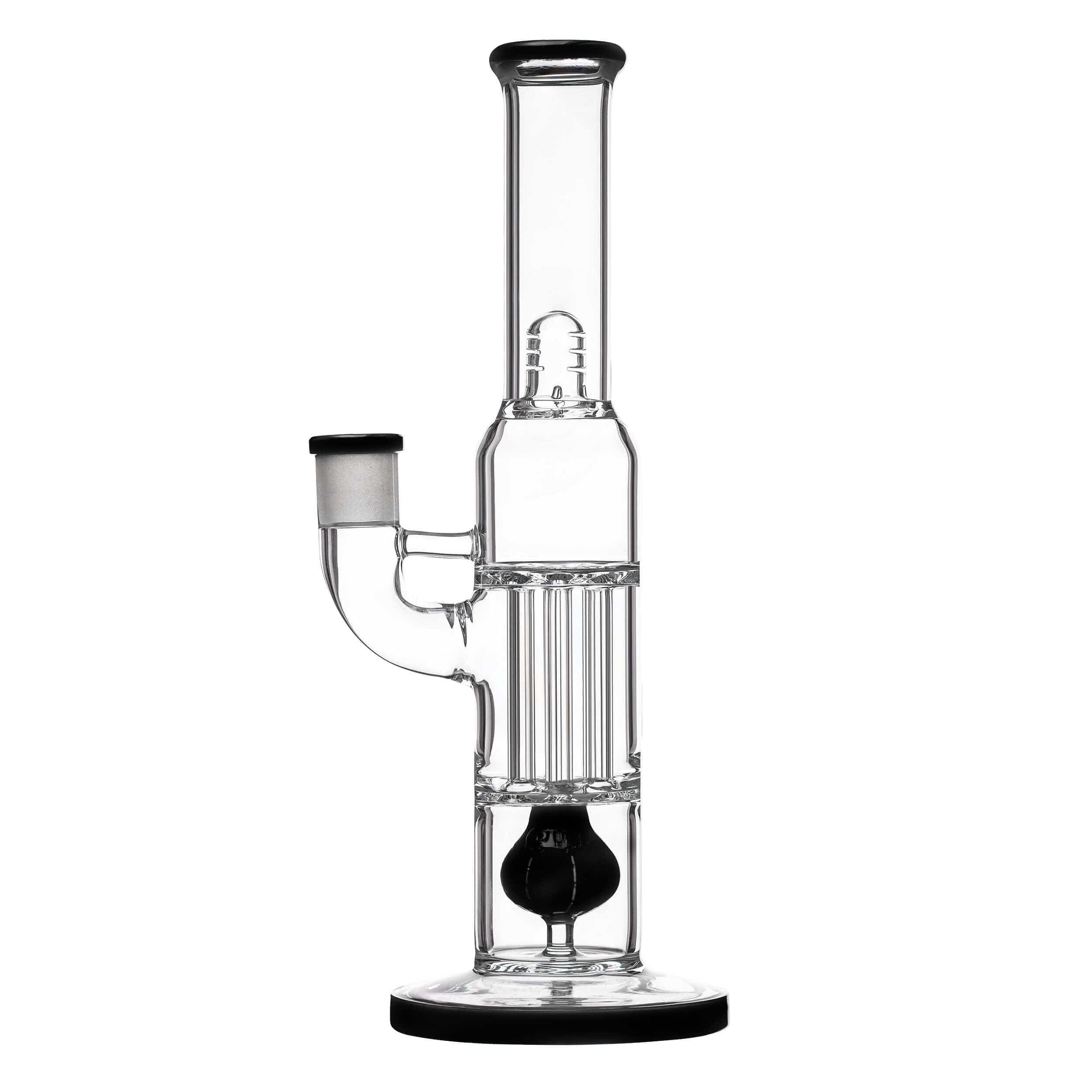 Front view of the PILLAR BONG W/ GILDED PERC, showing its clear glass construction and intricate internal perc diffuser.