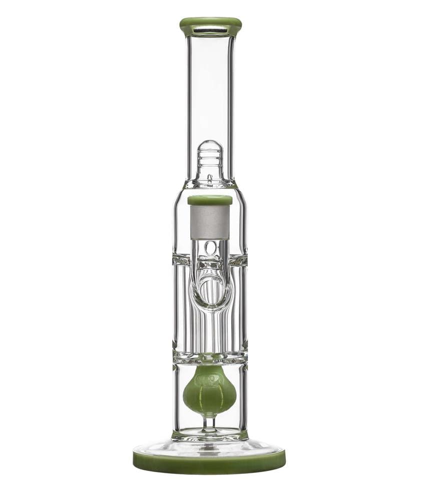 Front view of the PILLAR BONG W/ GILDED PERC, showcasing the glass piece’s unique layered structure and green accents.