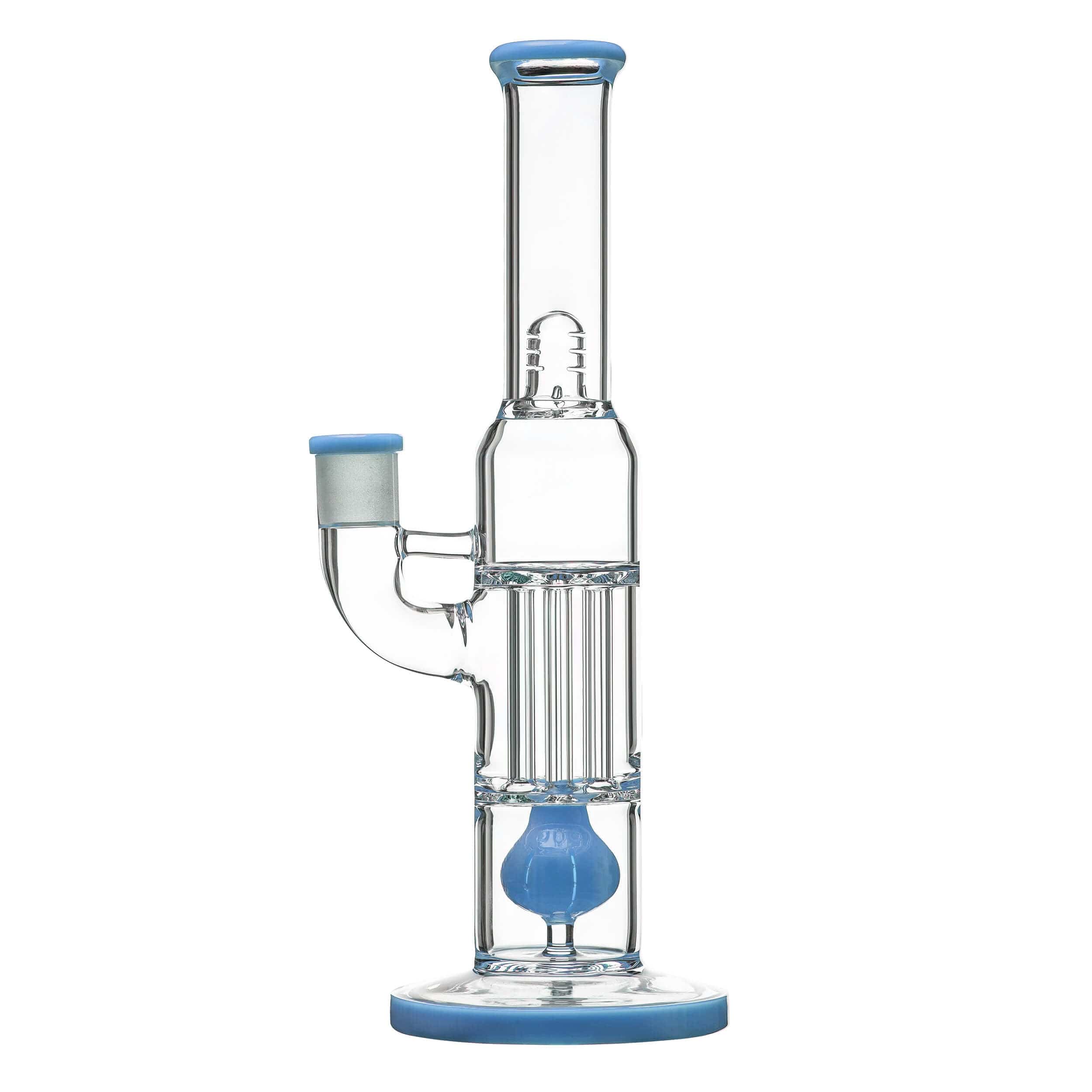 Front view of the PILLAR BONG W/ GILDED PERC, showcasing a clear glass water pipe with a wide base and stacked perc diffusers.