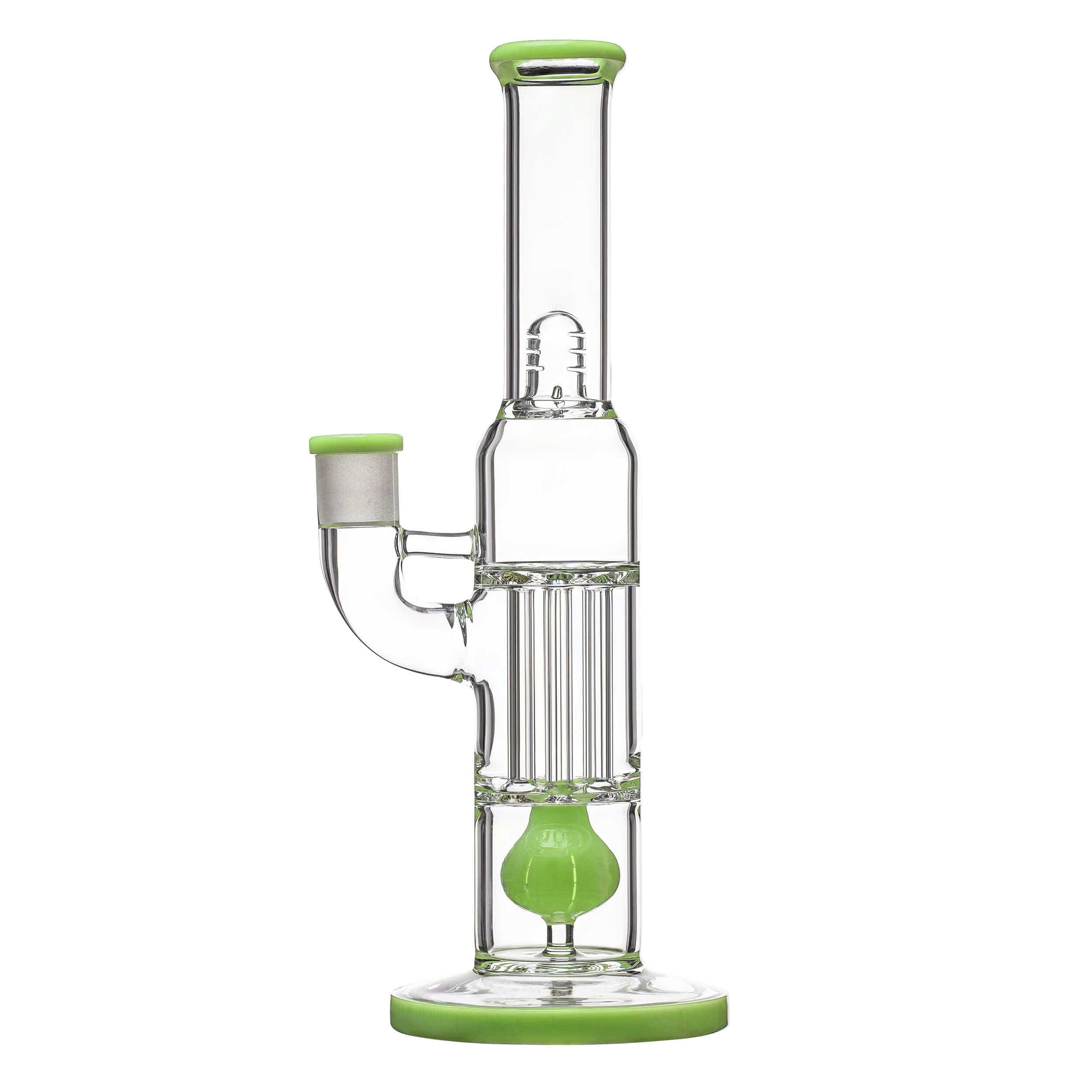 Front view of the PILLAR BONG W/ GILDED PERC, showcasing a clear glass tube with a gilded percolator visible inside.