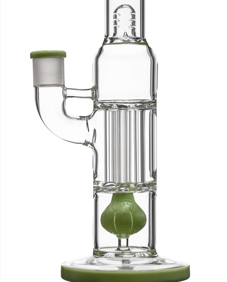 Front view of the PILLAR BONG W/ GILDED PERC, displaying a clear glass construction with a gilded percolator visible within the water chamber.