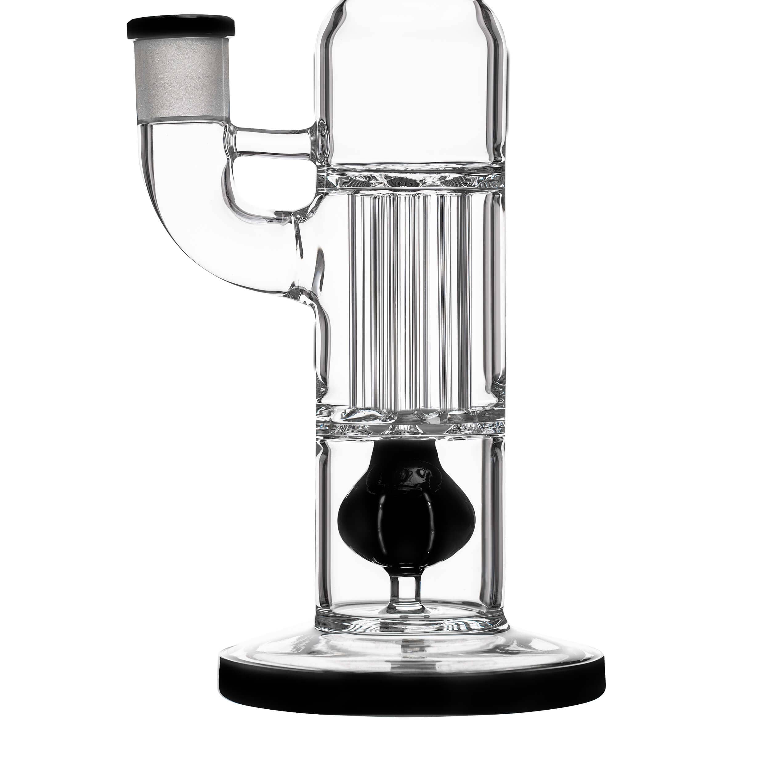 Front view of the PILLAR BONG W/ GILDED PERC, showcasing its clear glass construction and gilded perc detail against a plain background.