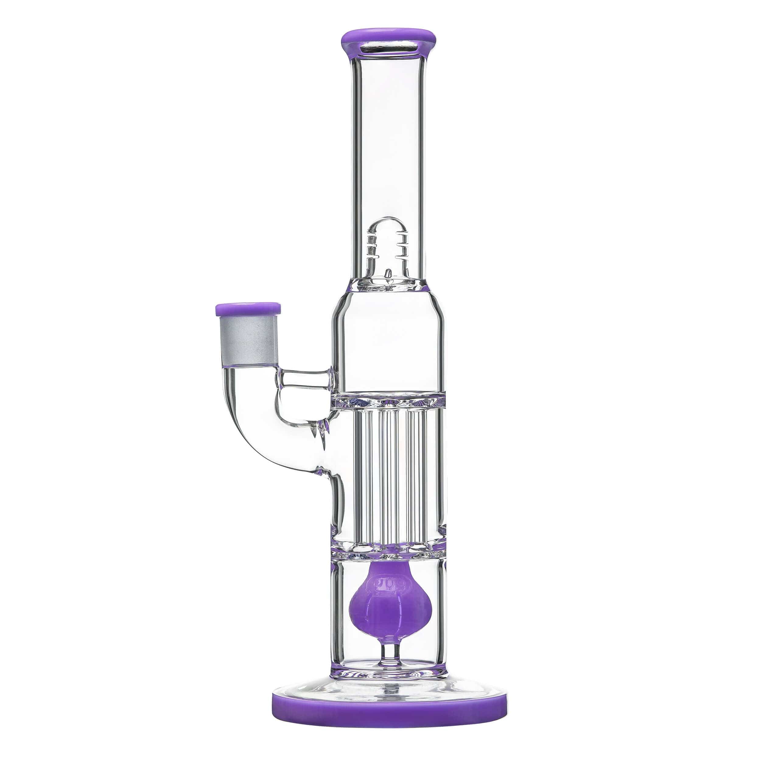 Front view of the PILLAR BONG W/ GILDED PERC, showcasing a clear glass water pipe with a gilded percolator and vibrant purple accents.