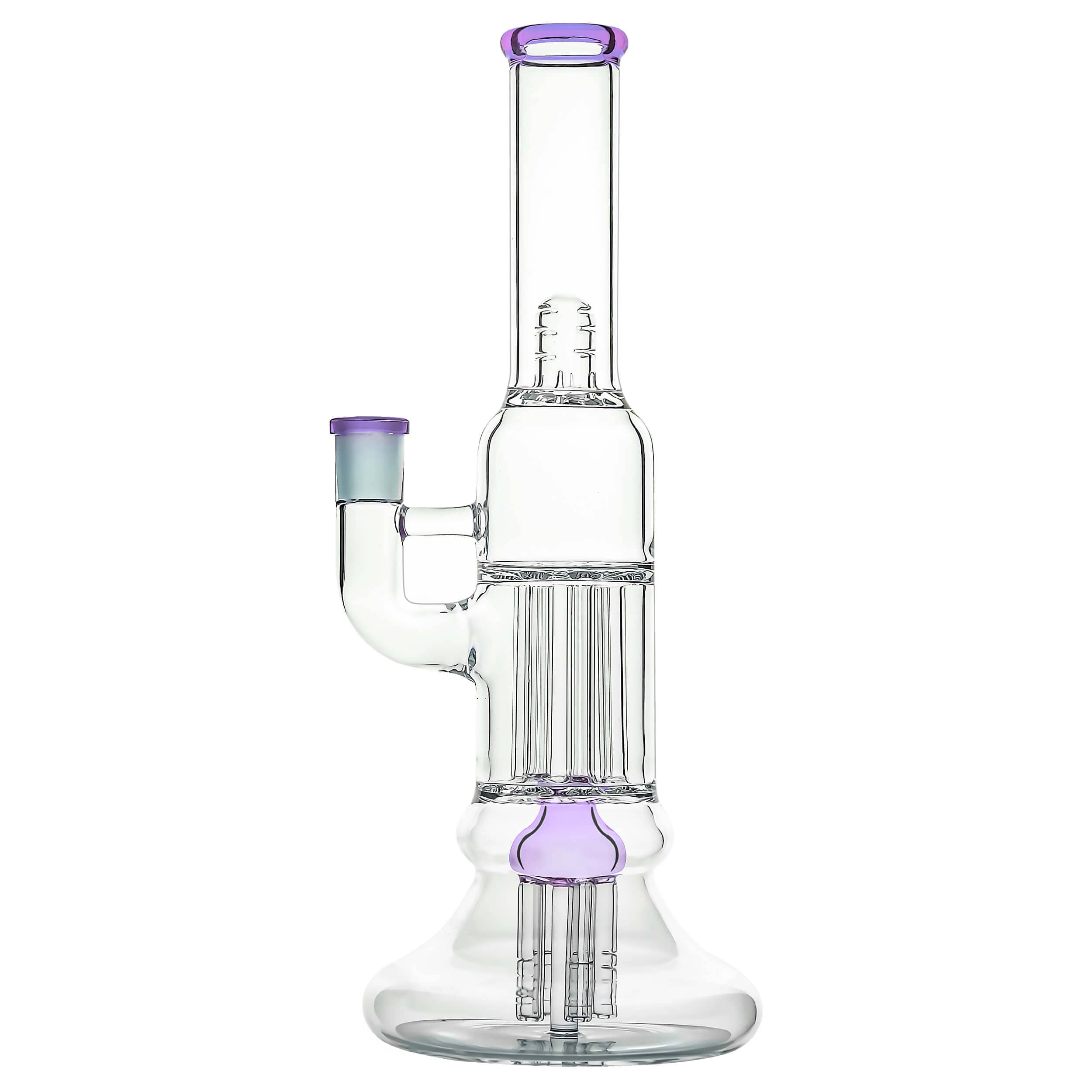 Front view of the BEAKER PILLAR BONG W/ GILDED PERC, showcasing its clear glass construction and multi-percolator design.