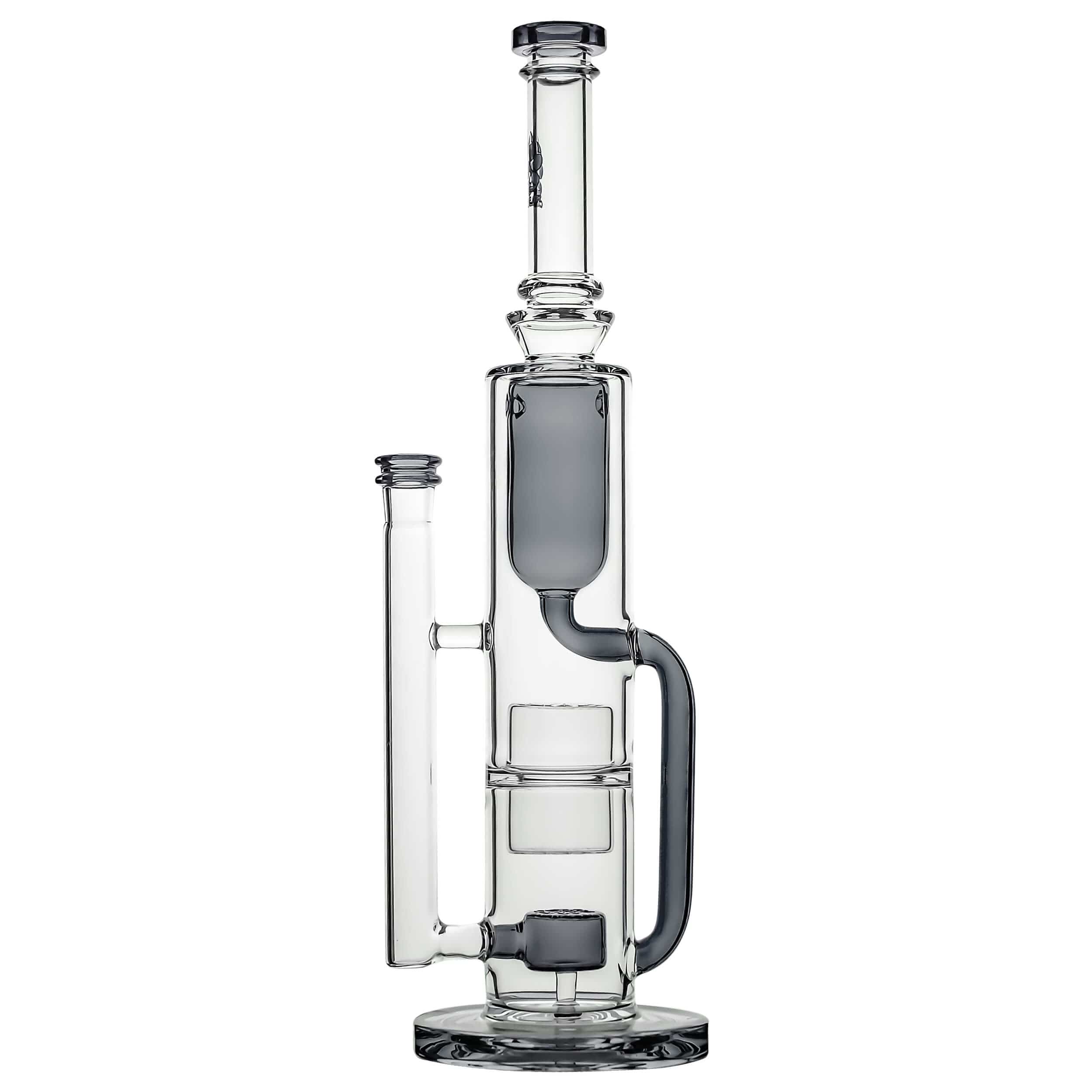 Front view of the FLOWER KLEIN BONG, a clear glass water pipe with a unique, curved design and simple construction.