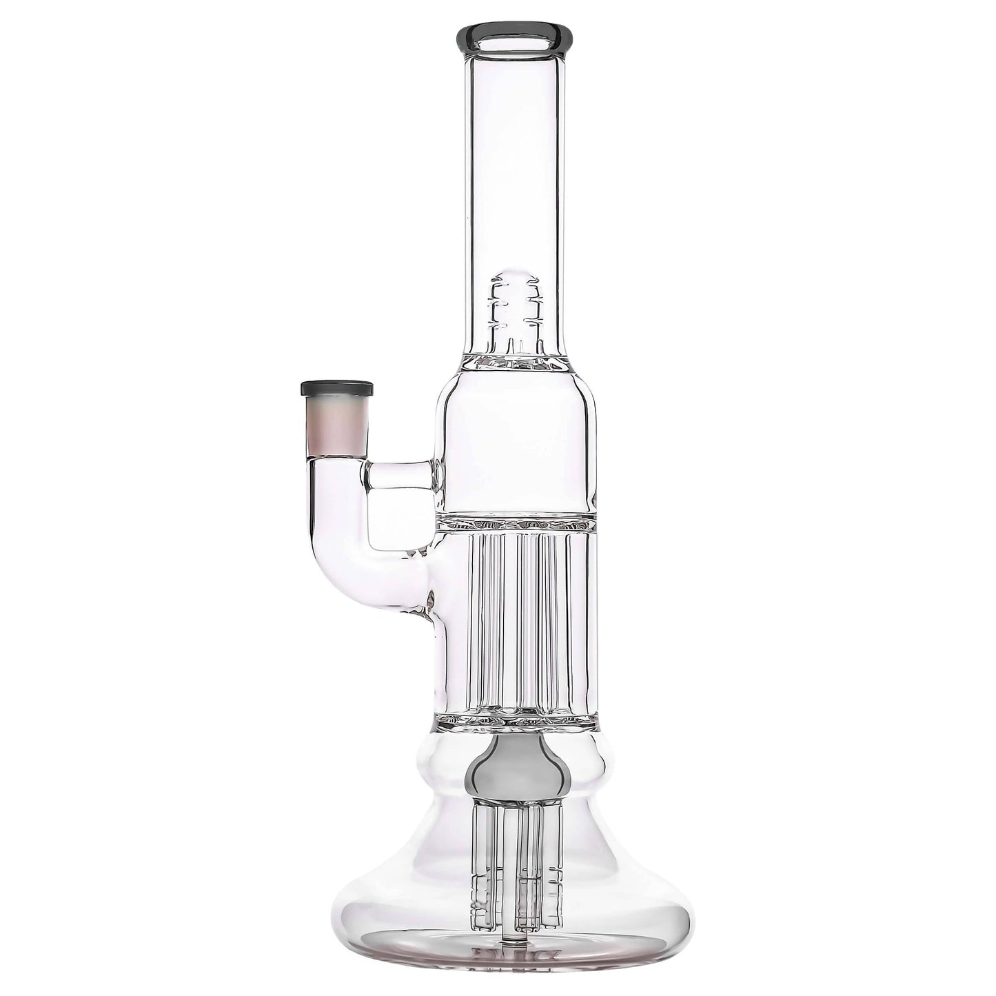 Front view of the BEAKER PILLAR BONG W/ GILDED PERC, showcasing its clear glass construction and multiple stacked percs.