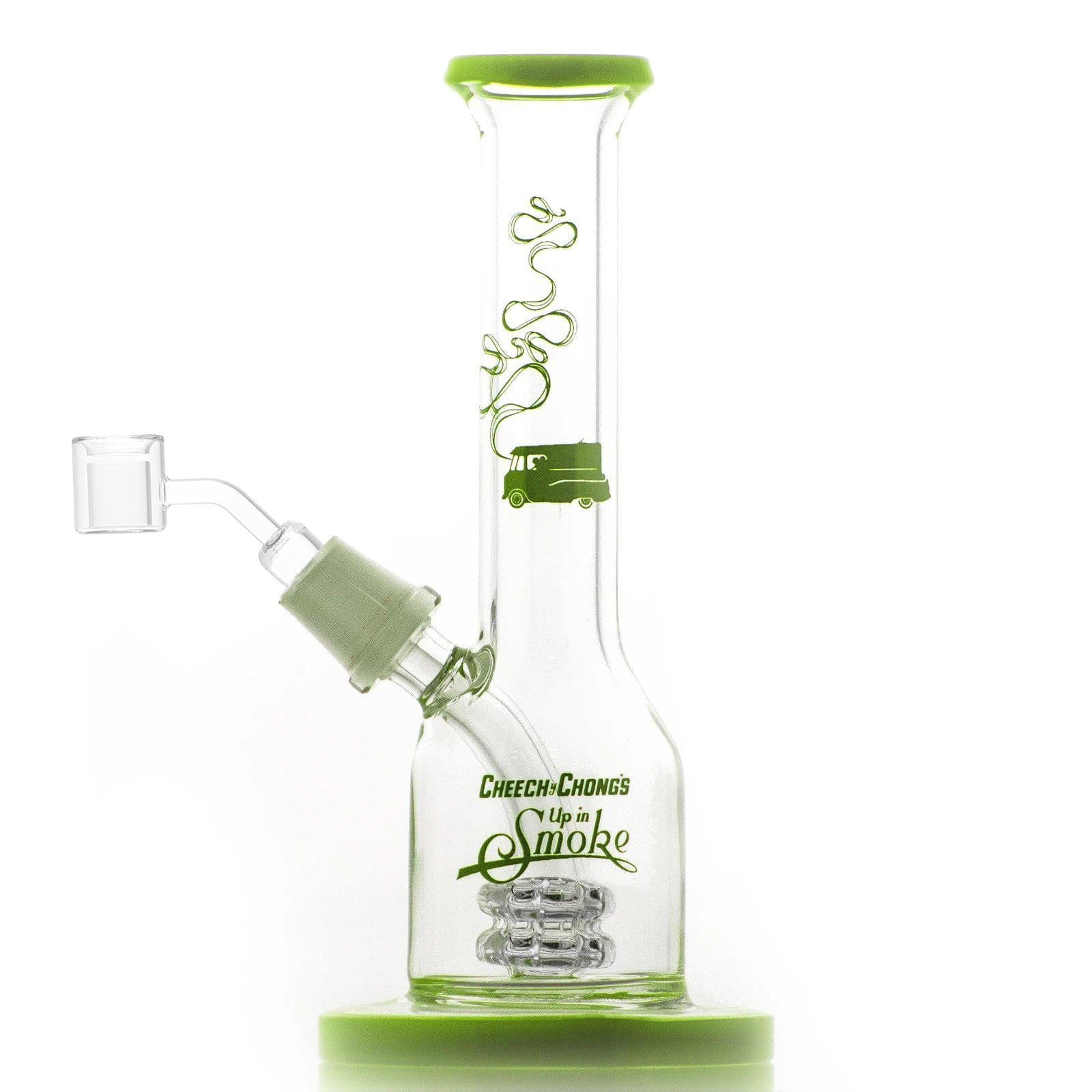 Front view of the Jade East 7" Dab Rig, showcasing its clear glass construction and angled neck design.