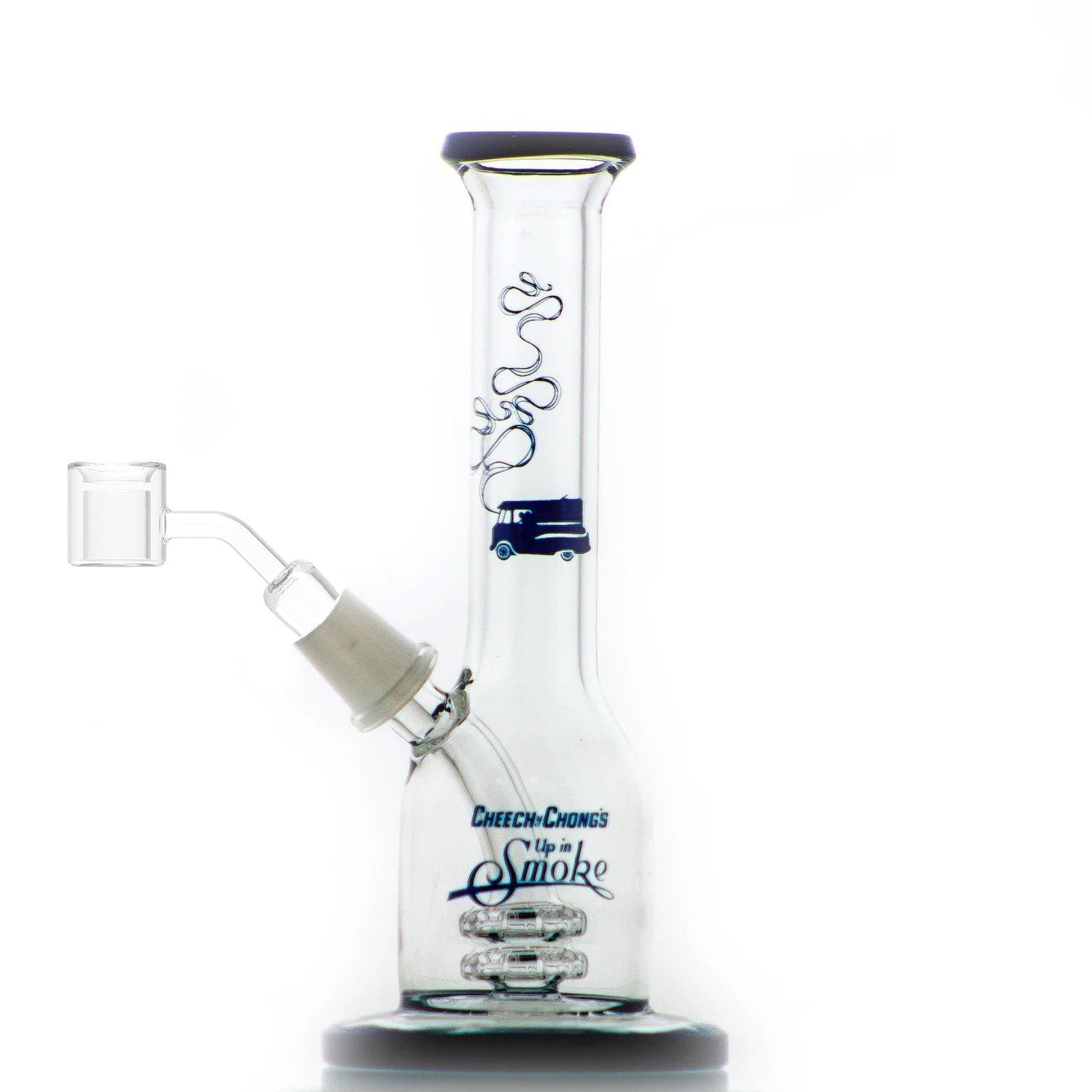 Front view of the Jade East 7" Dab Rig, a clear glass piece with a simple, rounded base and angled neck.