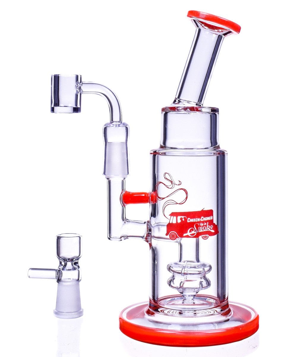 A three-quarter view of the Anthony 8" Dab Rig, showcasing its red base and clear glass construction with a visible joint.