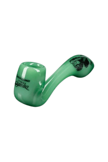 A detailed side view of the CHEECH & CHONG FAMOUS X 4 IN SHERLOCK HAND PIPE, showcasing its curved stem and detailed bowl design.