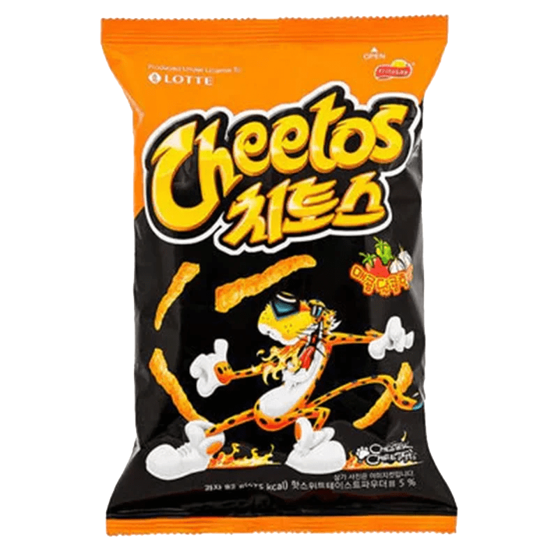 A front view of the Cheetos - Korean Spicy and Sweet Snack packaging, featuring bright orange and red graphics.