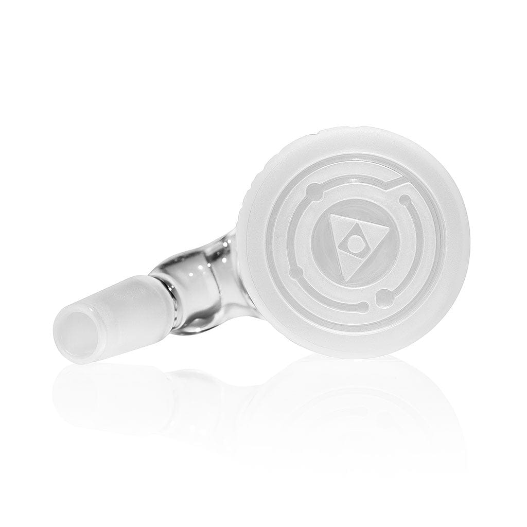Close-up, low-angle view of the Milkyway Circuitboard Wet Ash Catcher showing its frosted circular top with concentric circuit-like grooves and a short angled joint.