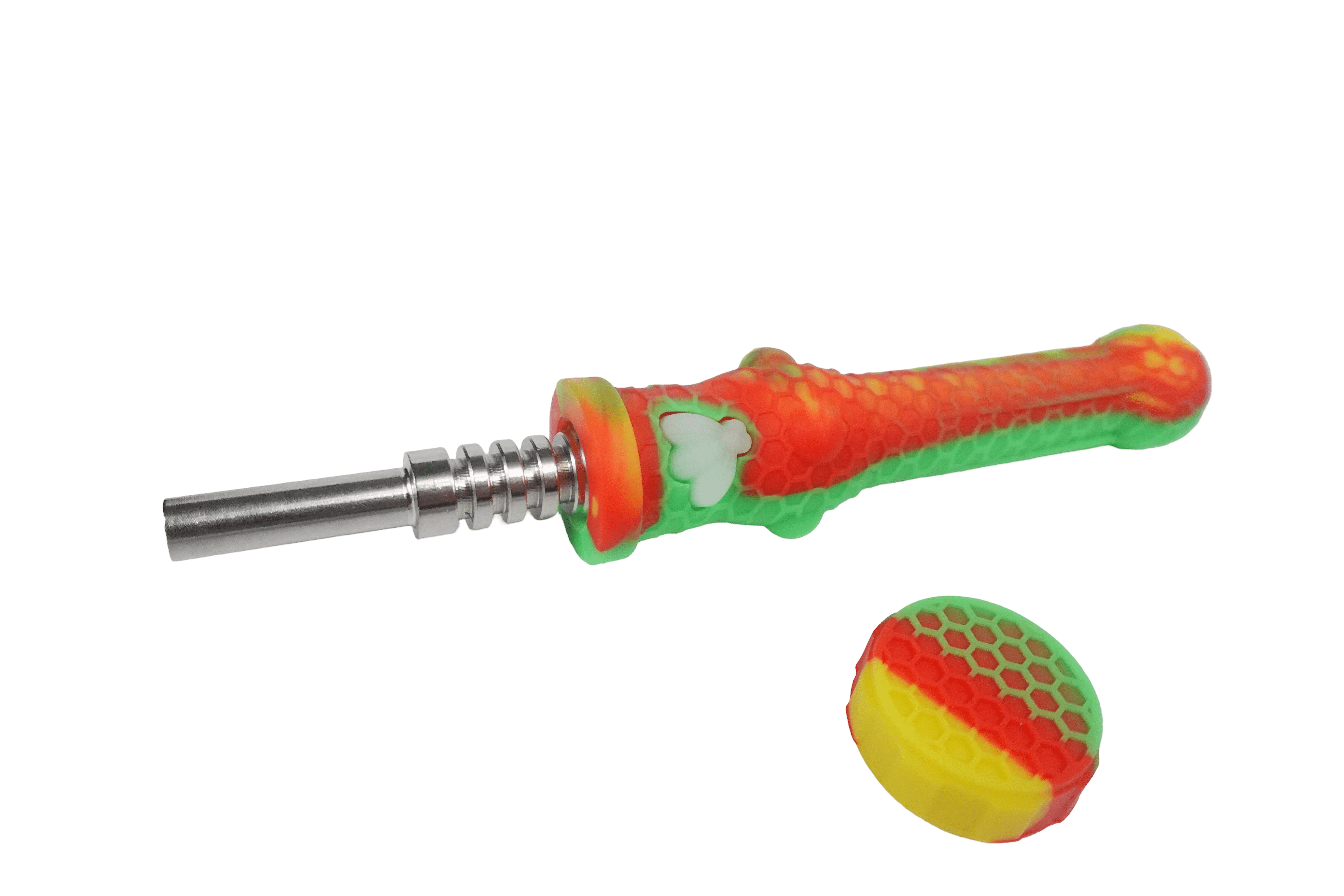 Colorful silicone dab tool and carb cap for cannabis concentrates.