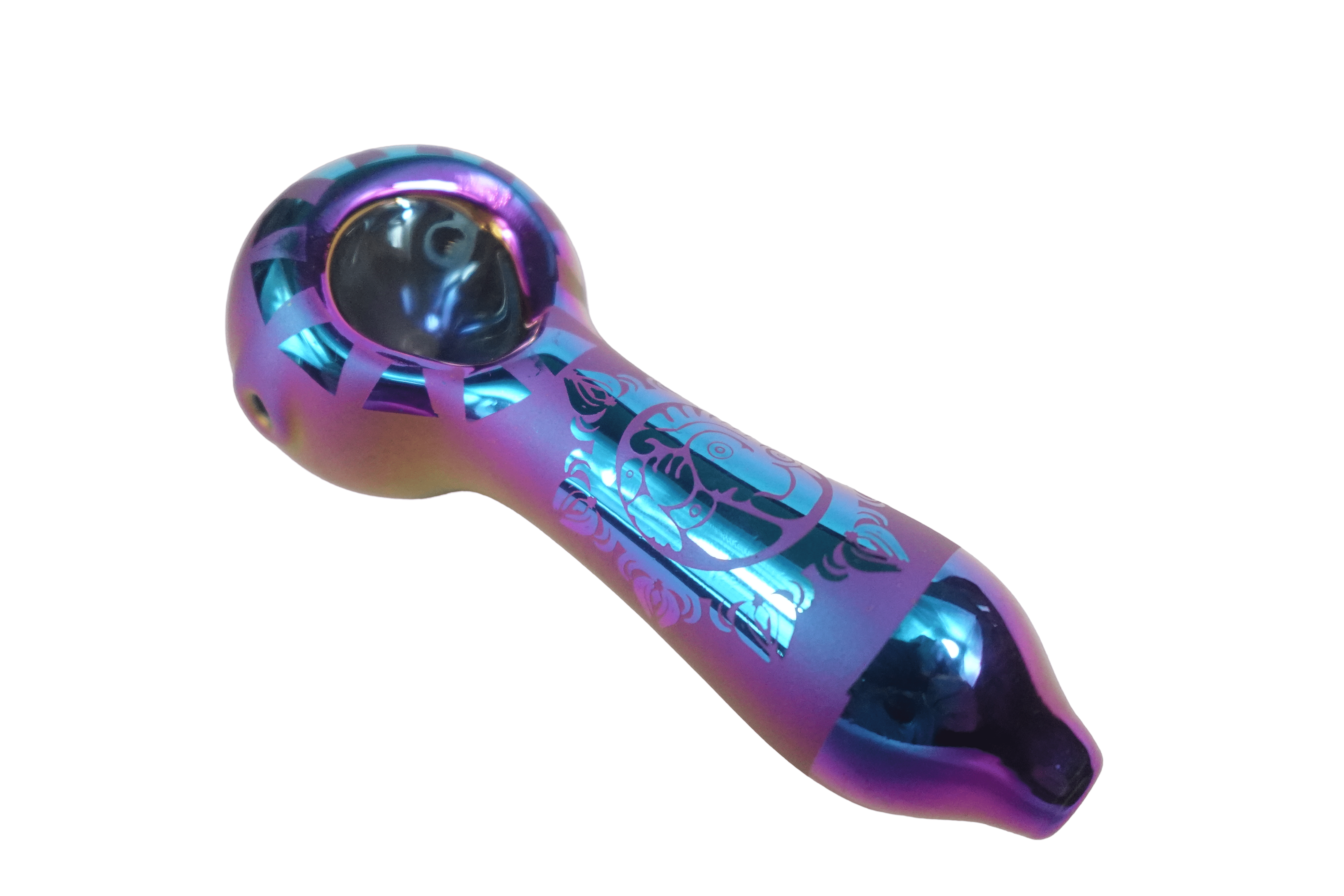 A side view of the 4'' Artistic Painted Glass Hand Pipe, showcasing its colorful painted design on clear glass.