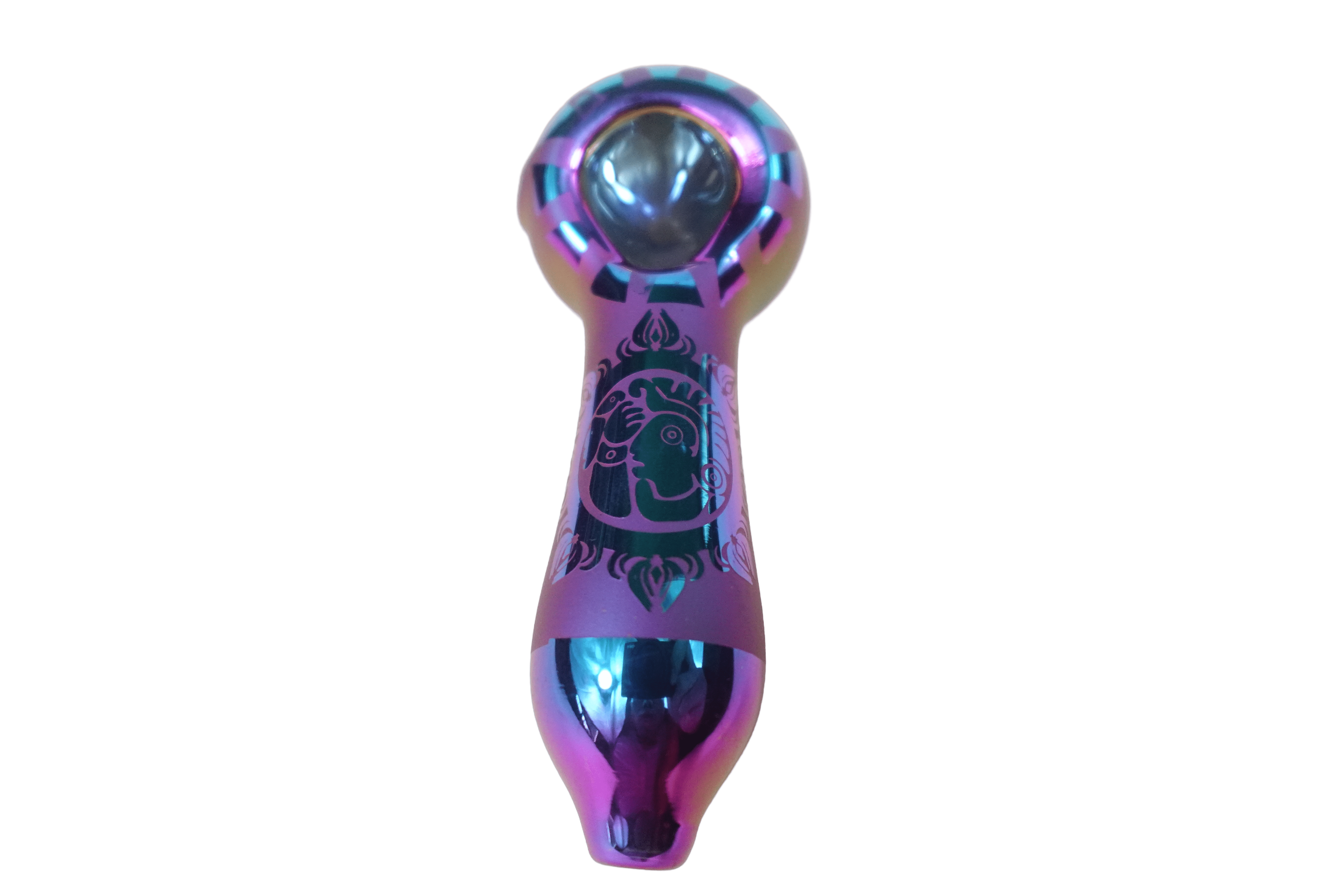 A close-up, angled view of the 4'' Artistic Painted Glass Hand Pipe, showcasing its colorful, patterned glass design.