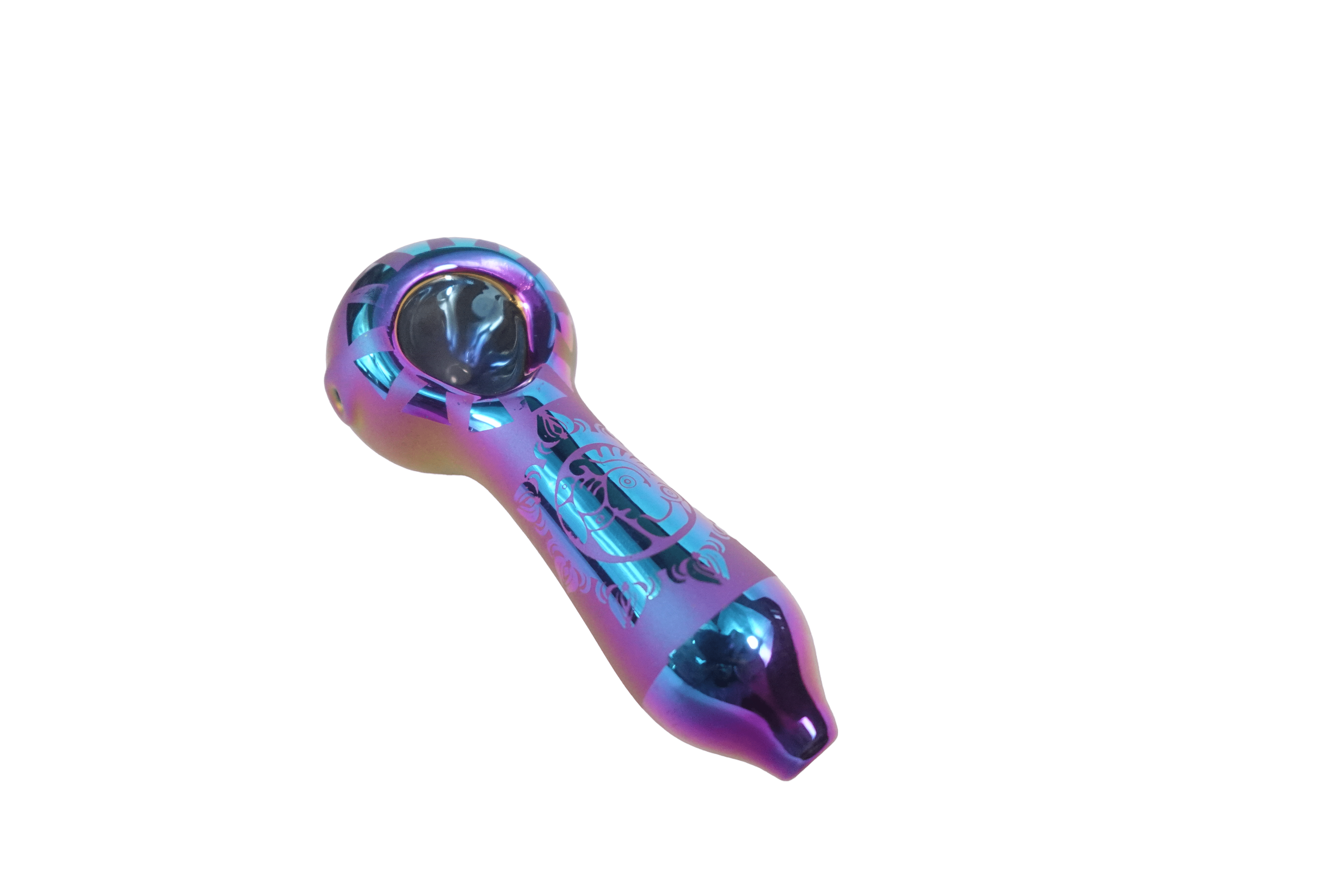 A detailed side view of the 4'' Artistic Painted Glass Hand Pipe, showcasing its colorful, painted design on clear glass.
