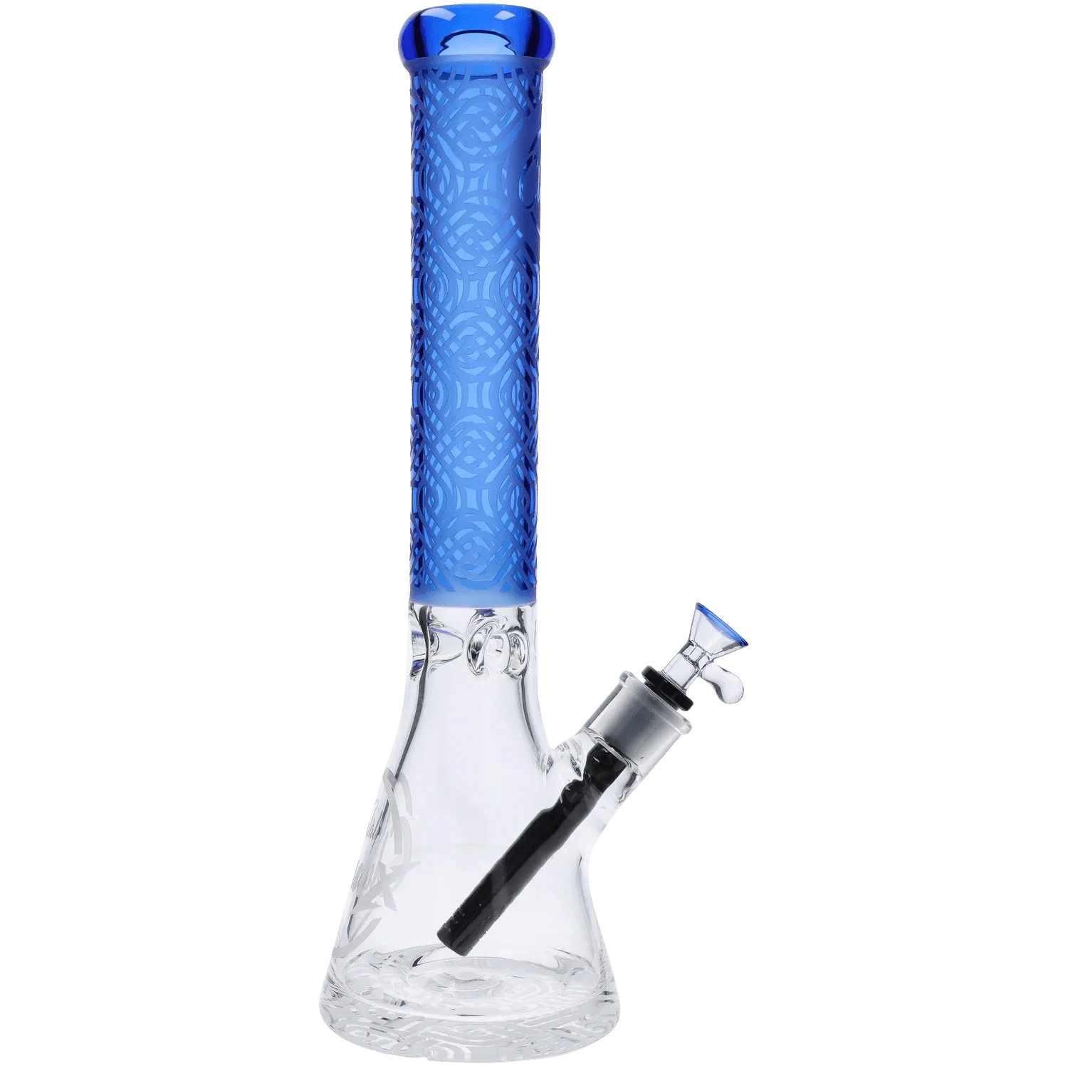 Straight-on view of the Cloud Cali X 15-inch Engraved Thick Base Beaker Bong showing its tall blue engraved neck and angled clear glass base with removable downstem and bowl.