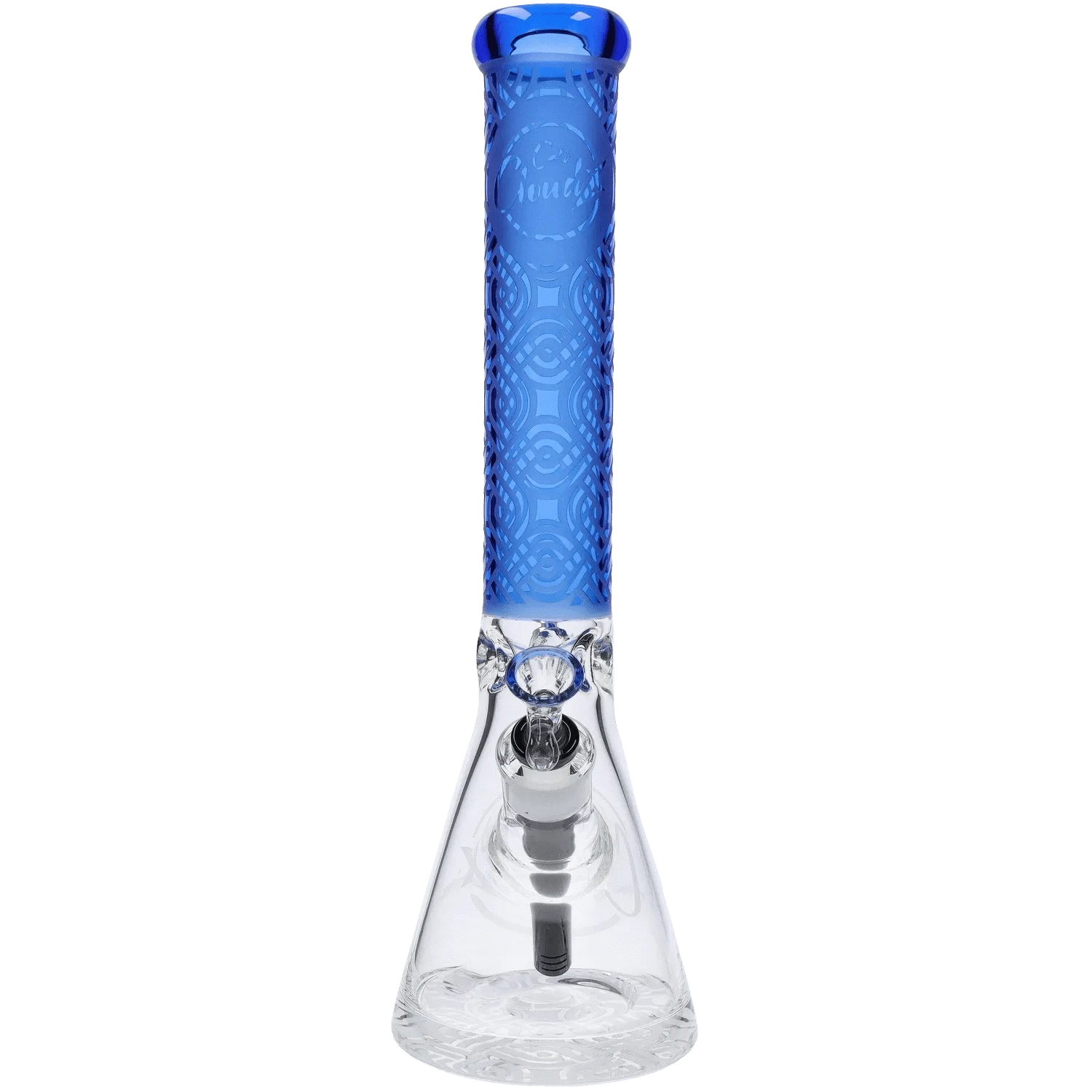 Centered front view of the Cloud Cali X 15-inch Engraved Thick Base Beaker Bong showing a tall blue engraved neck and clear glass beaker base.